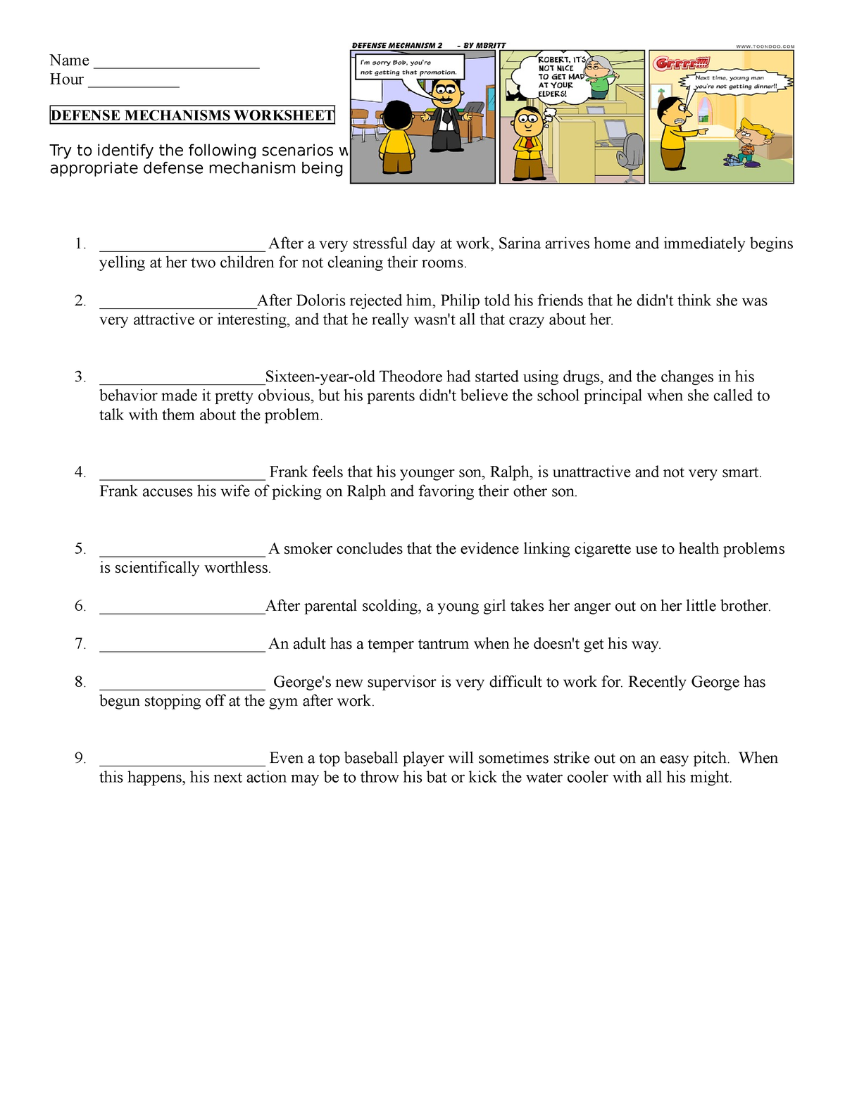 Defense Mechanisms Worksheet - Name ____________________ Hour ...