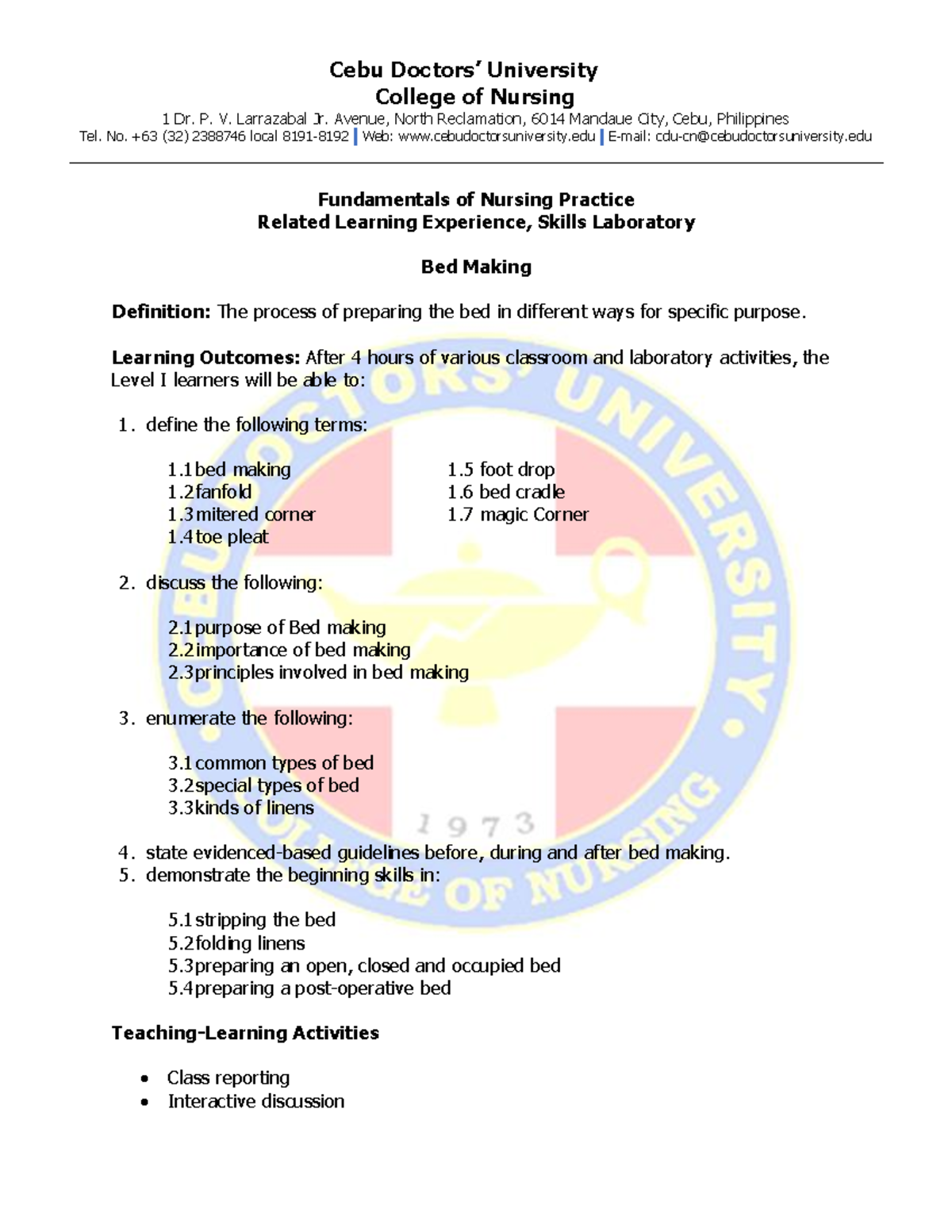 Bed Making Procedure Guide College of Nursing 1 Dr. P. V