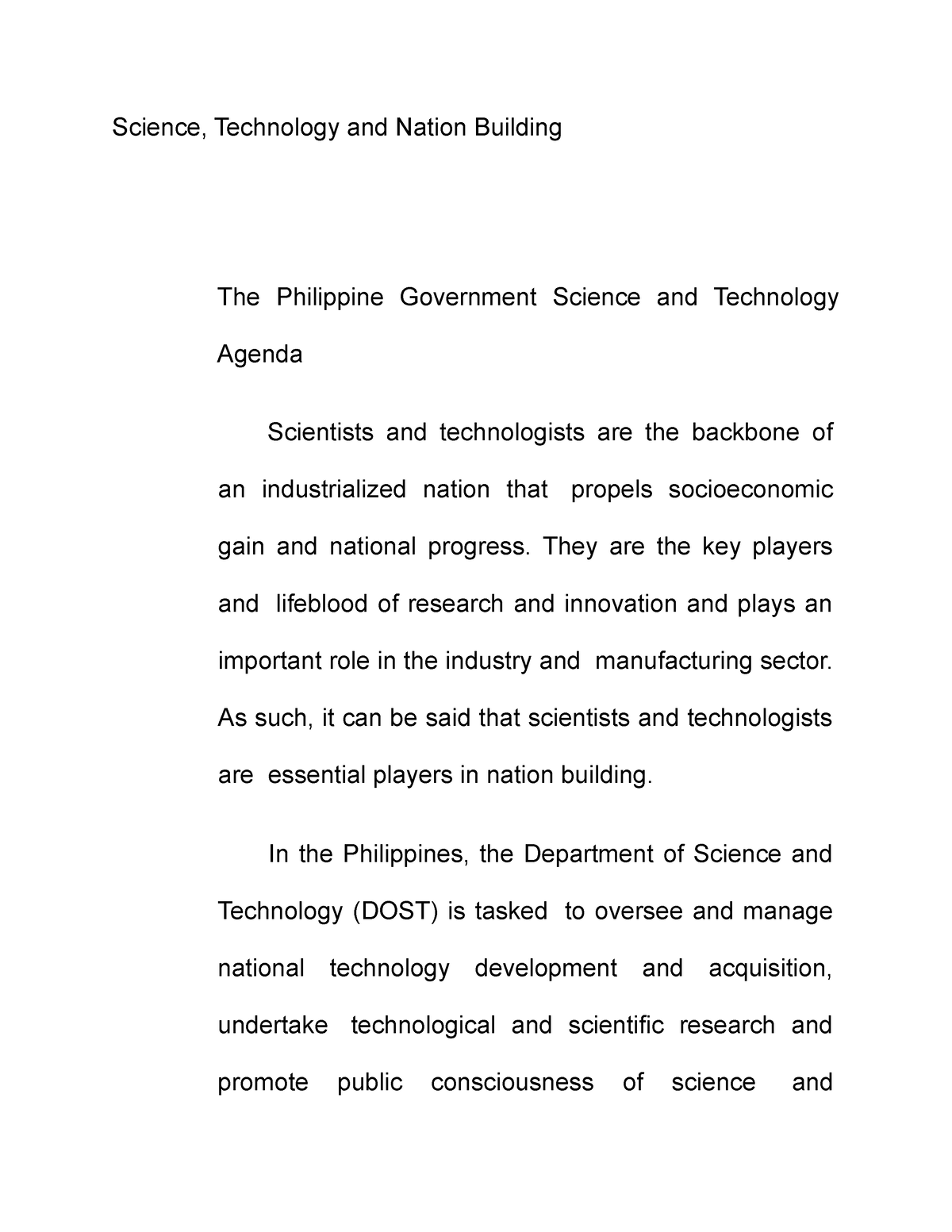 science technology and nation building essay