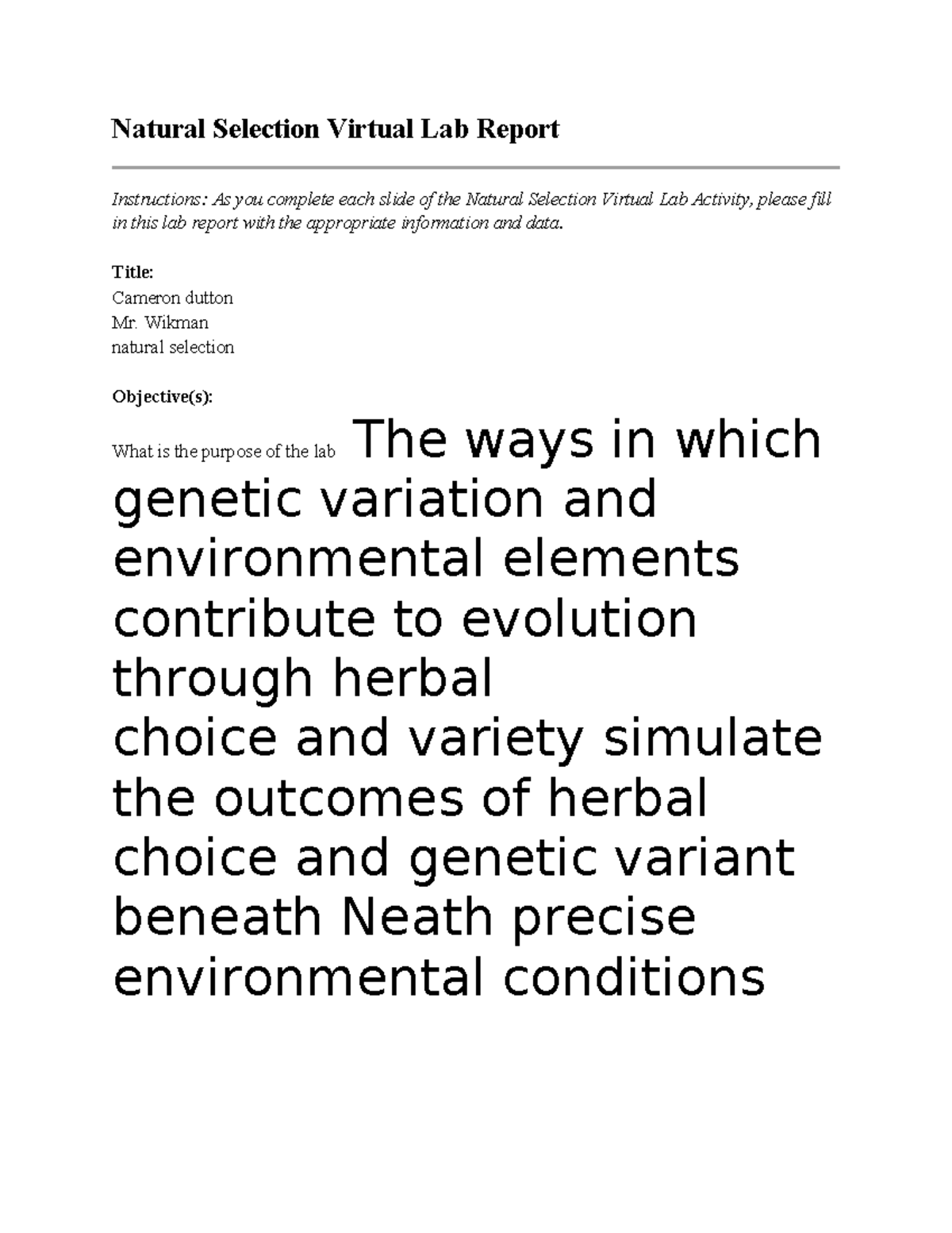 05 02 Natural Selection Lab Report Natural Selection Virtual Lab 05 02 Natural Selection Lab Report Natural Selection Virtual Lab