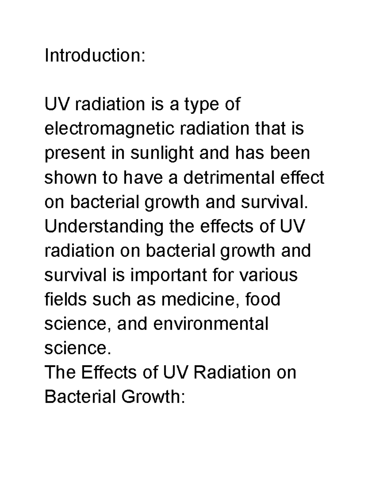 Study notes The Effects of UV Radiation on Bacterial Growth and