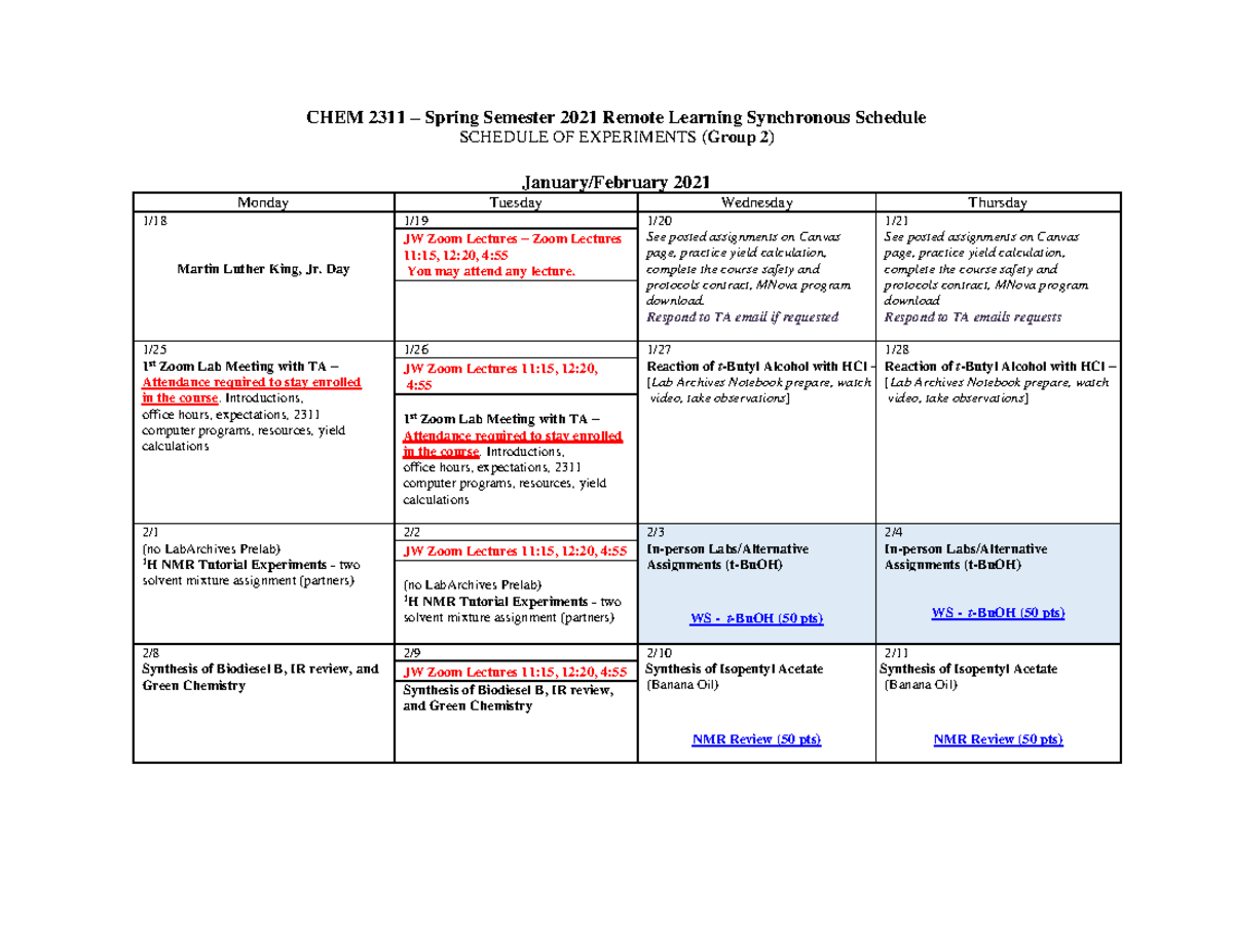 Calendar Spring 2021 - SCHEDULE OF EXPERIMENTS (Group 2) January ...