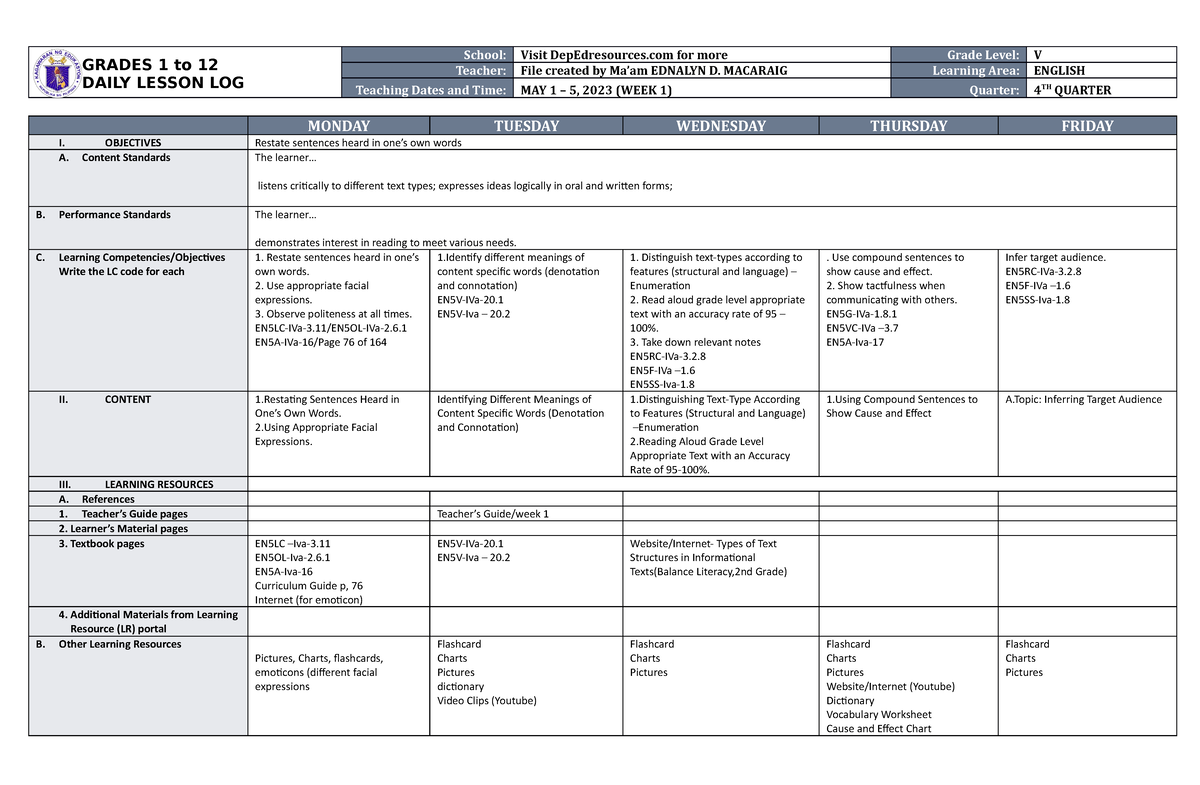 Dll English 5 Q4 W1 Grades 1 To 12 Daily Lesson Log School Visit Depedresources For More 2914