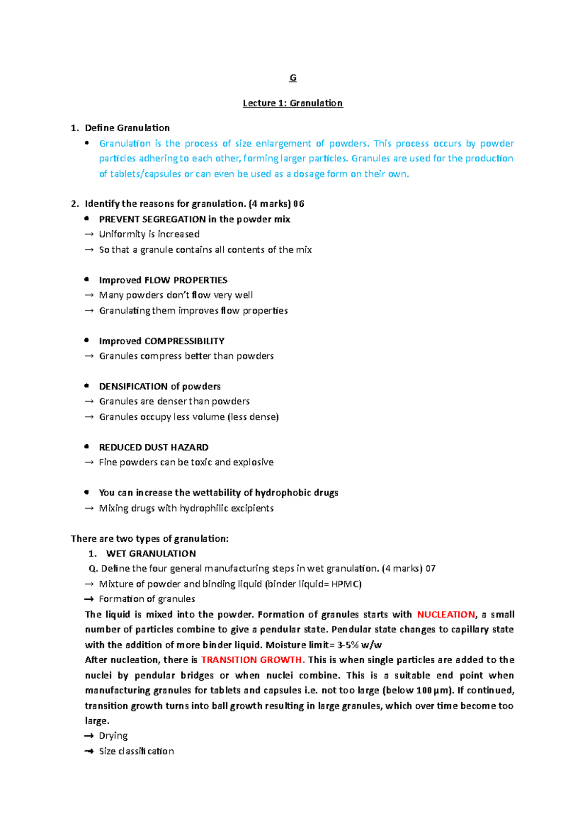 209 Pharmaceutics G Lecture 1 Granulation Define Granulation