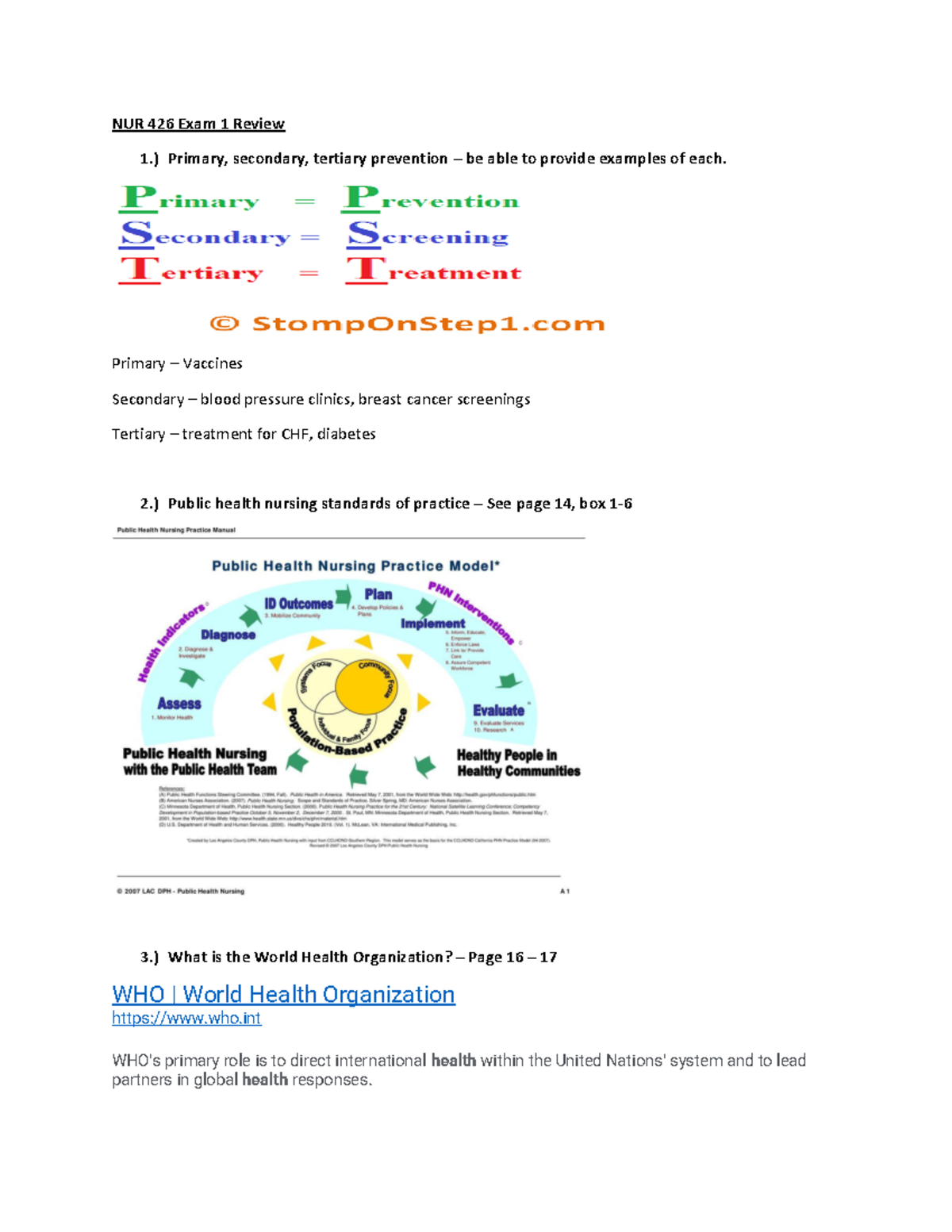 NUR 426 Exam 1 Review Sheet - NUR 426 Exam 1 Review 1.) Primary ...