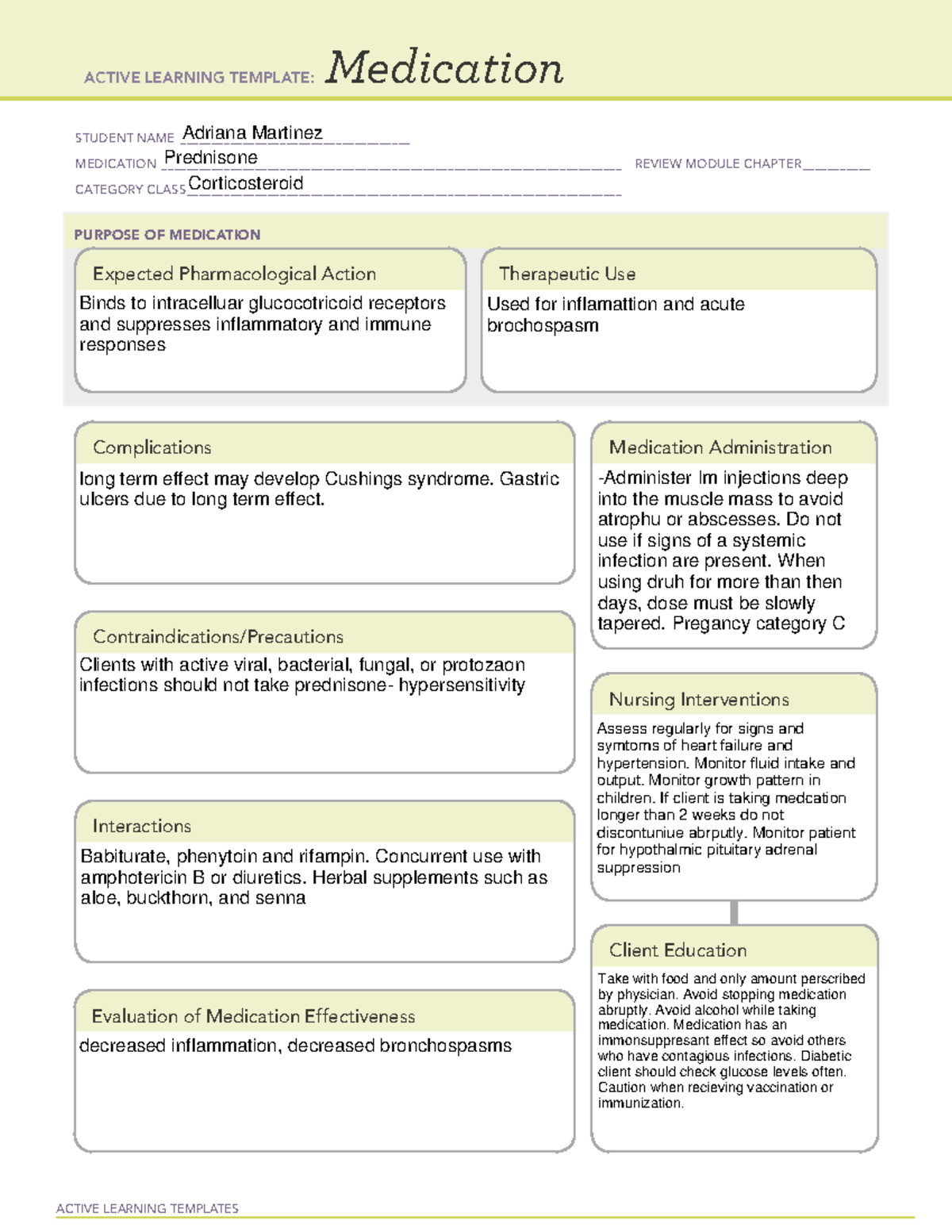 Prednisone Med Card ACTIVE LEARNING TEMPLATES Medication STUDENT NAME 