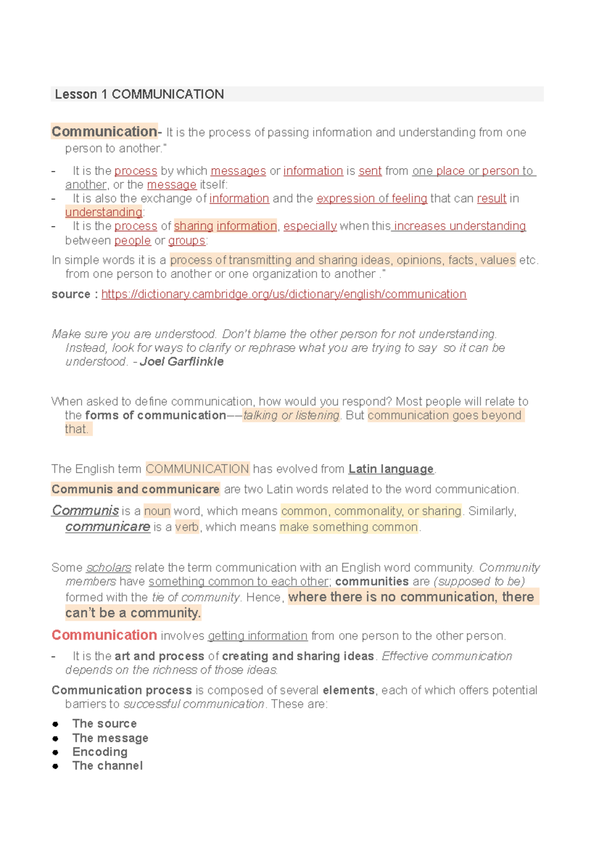 Purposive Communication - Lesson 1 COMMUNICATION It is the process of ...