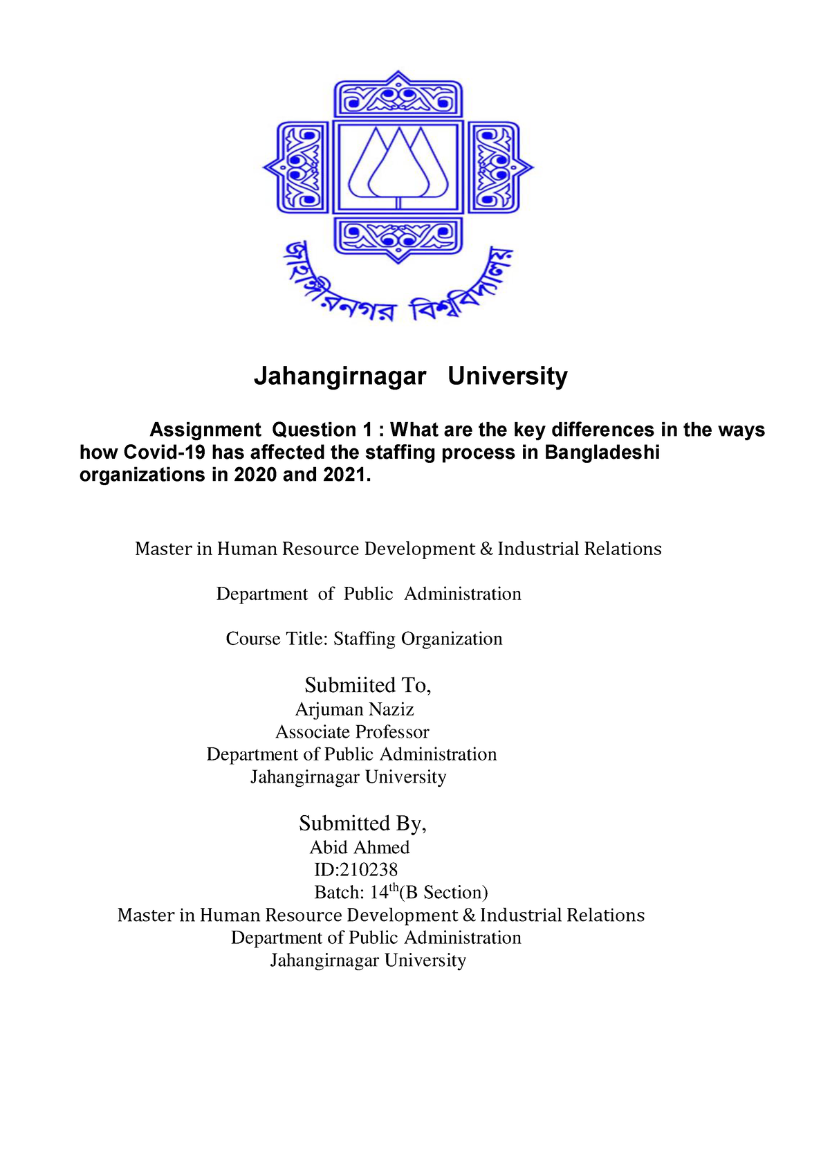 assignment cover page of jahangirnagar university