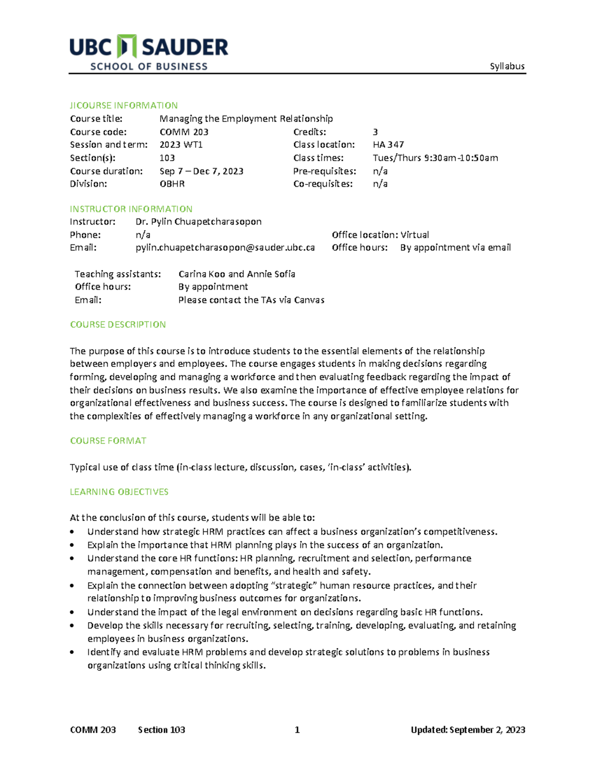 COMM 203 103 Course Outline 2023WT1 v4 - JICOURSE INFORMATION Course ...