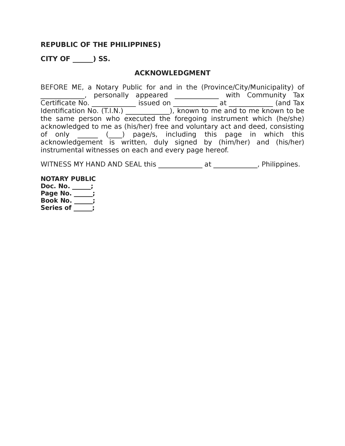 Acknowledgment Sample Legal Forms REPUBLIC OF THE PHILIPPINES 