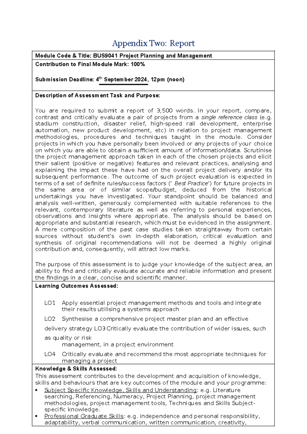 BUS9041 Assessment Briefing - 2024 - Appendix Two: Report Module Code ...