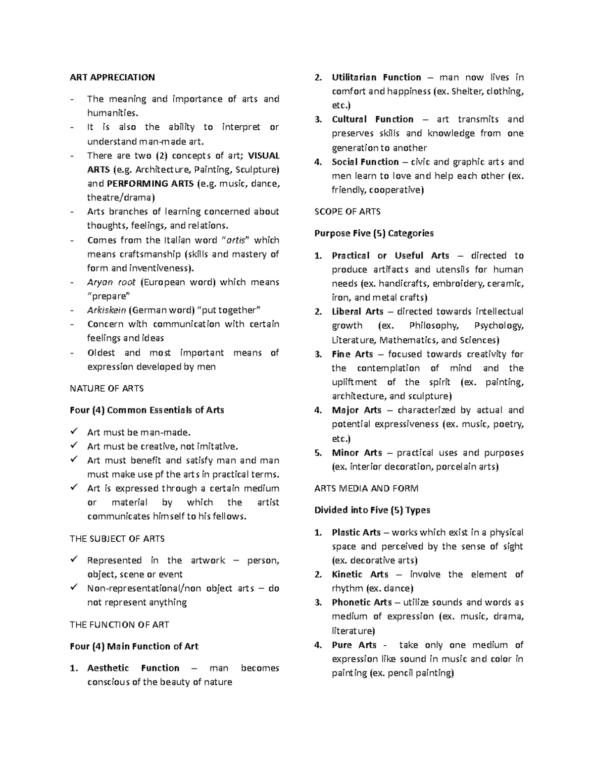 Prelim Handout HUM101 - Notes - ART APPRECIATION The meaning and ...
