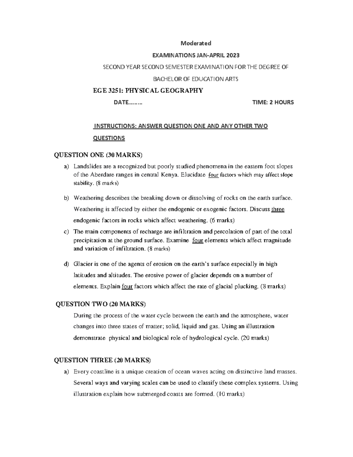 Ege 3251 physical geography moderated examinations jan april 2023