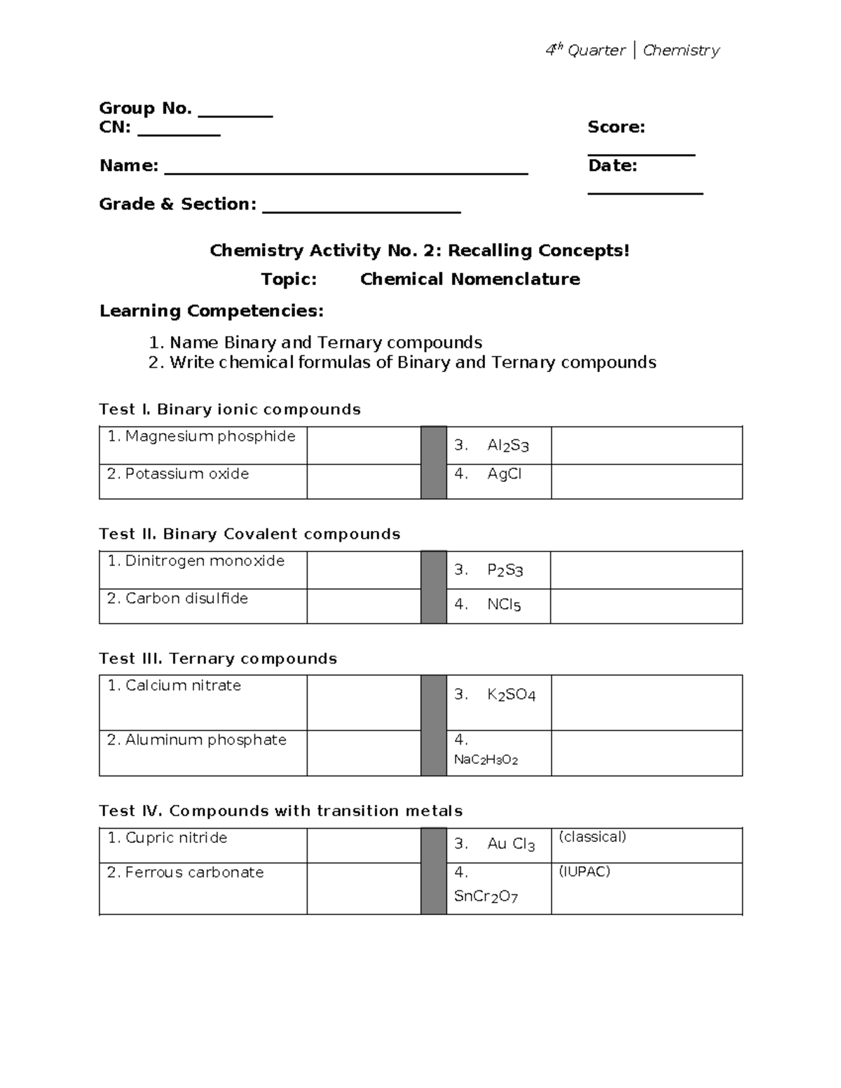 Nomenclature of Compound Activity 1 - Chemistry Activity No. 2 ...