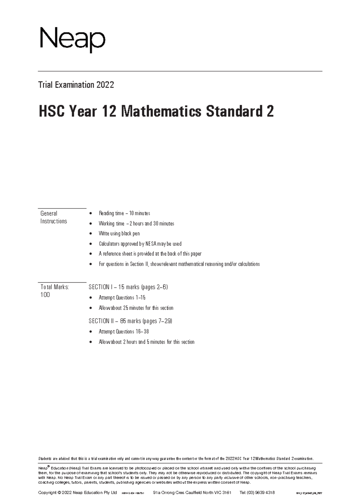 HSC Mathematics Standard 2 Year 12 Question and Answer Booklet 2022 Neap® Education (Neap