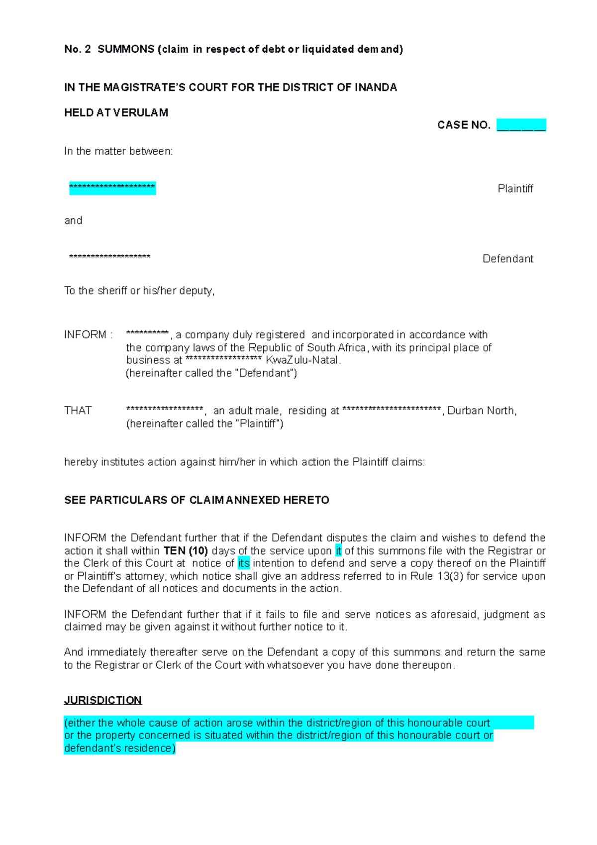 Summons Mag Court (simple) No. 2 SUMMONS (claim in respect of debt or