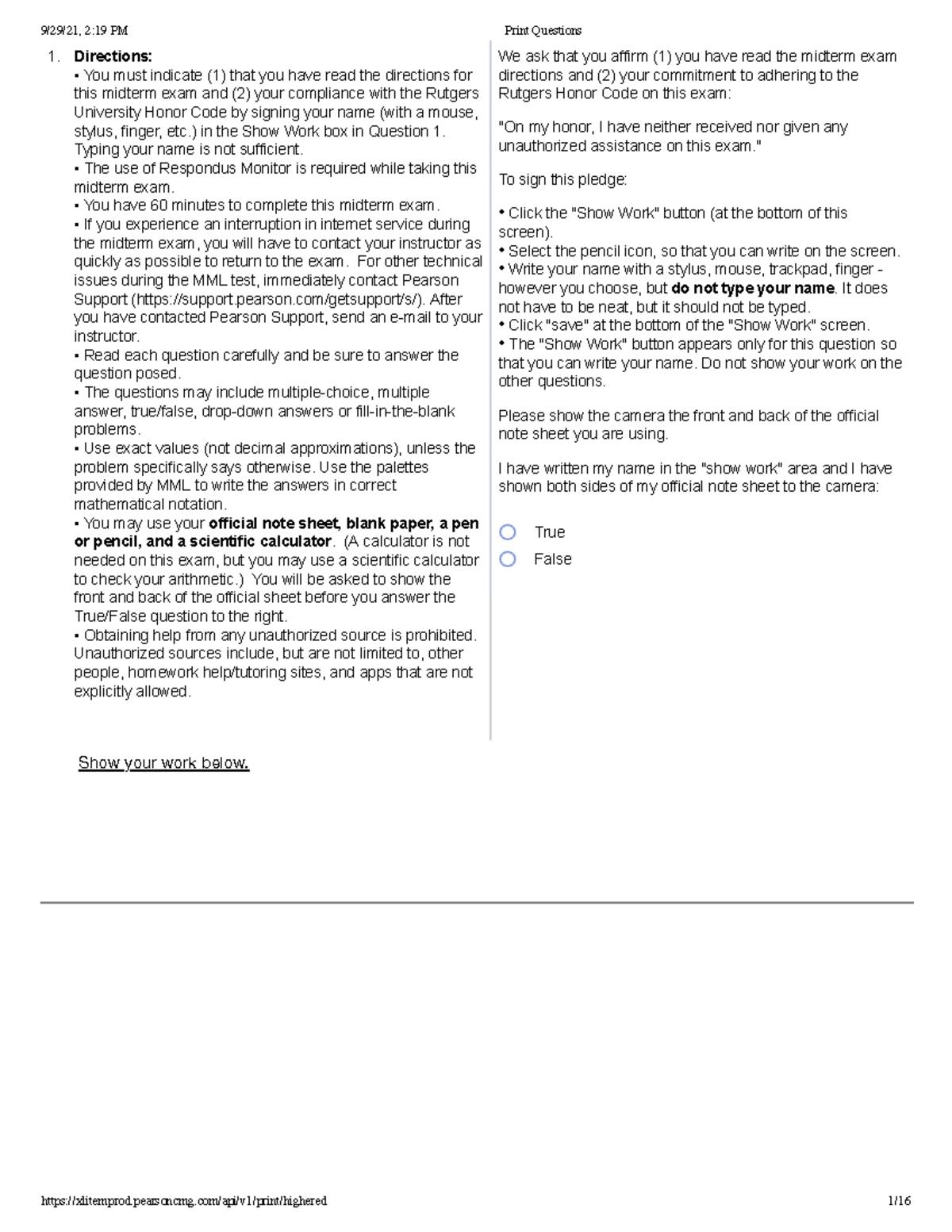 Review Sheet Midterm Exam 2 - 1. Show your work below. Directions: " Y ...