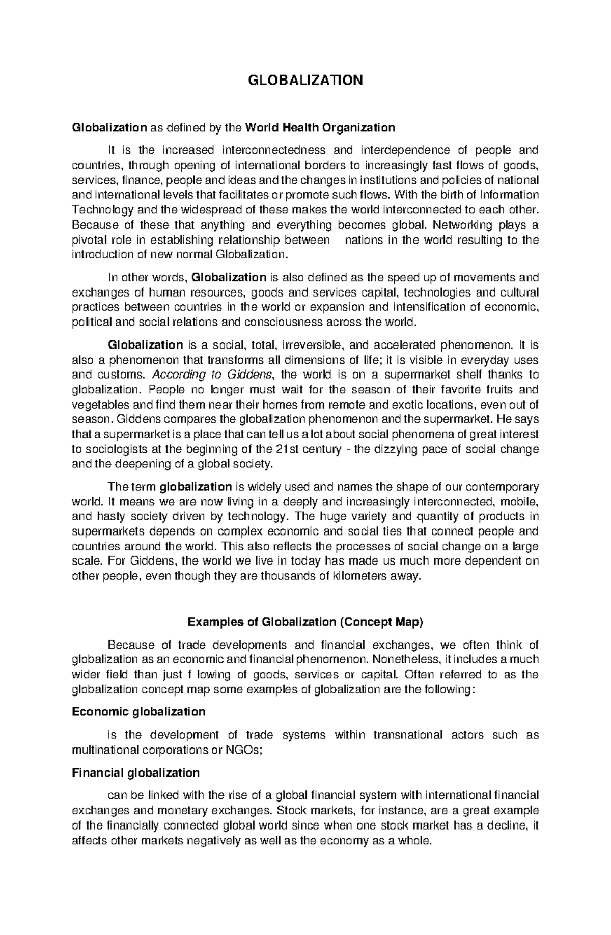 Defining Globalization - GLOBALIZATION Globalization as defined the ...