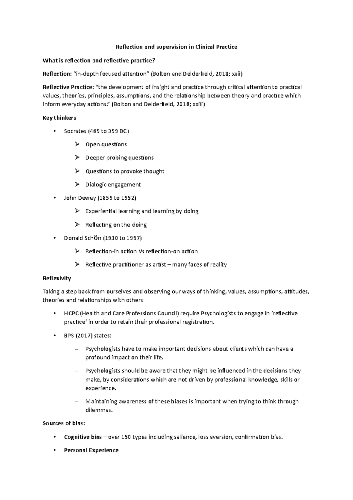 Reflection and supervision in Clinical Practice ” (Bolton and