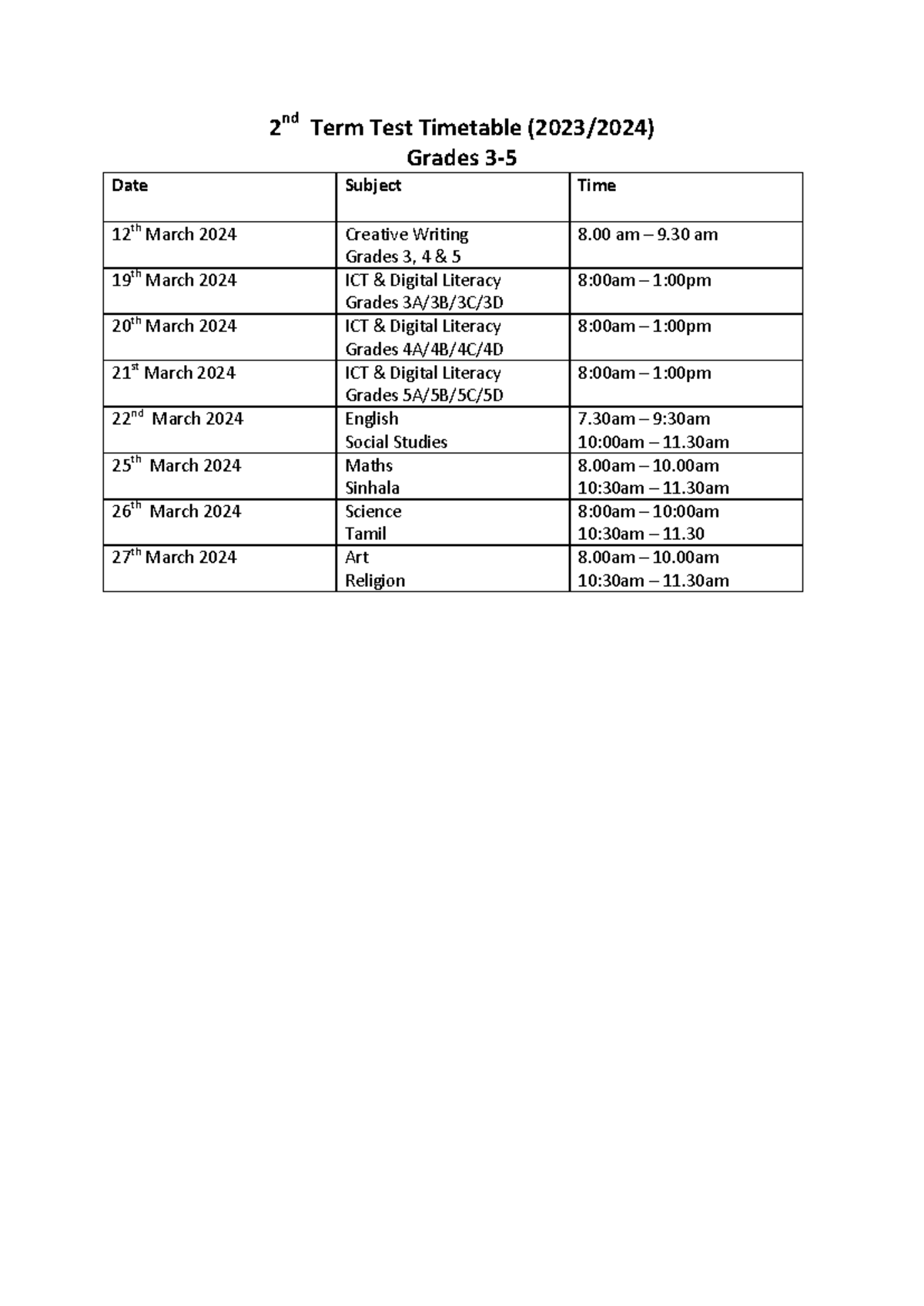 2nd Term Test Timetable 2024 2 nd Term Test Timetable (2023/2024