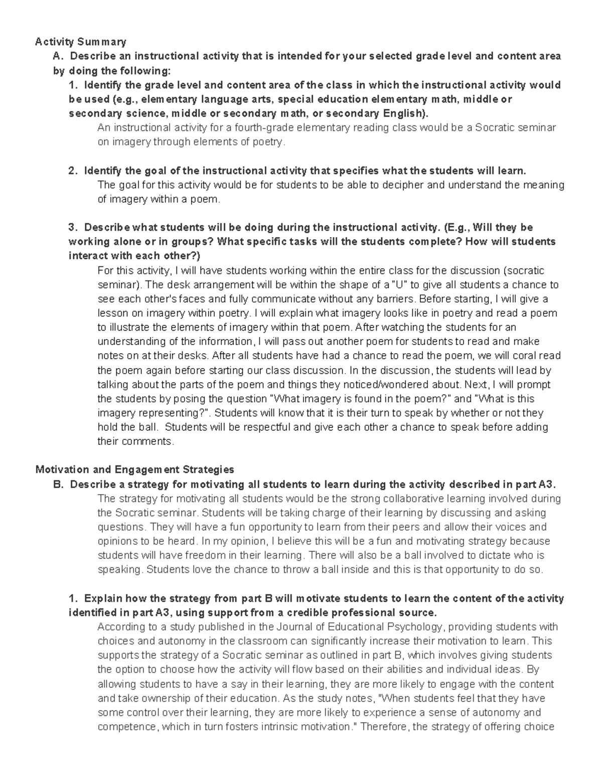 Task 4 D170 - Task 4 For D170 - Activity Summary A. Describe An ...