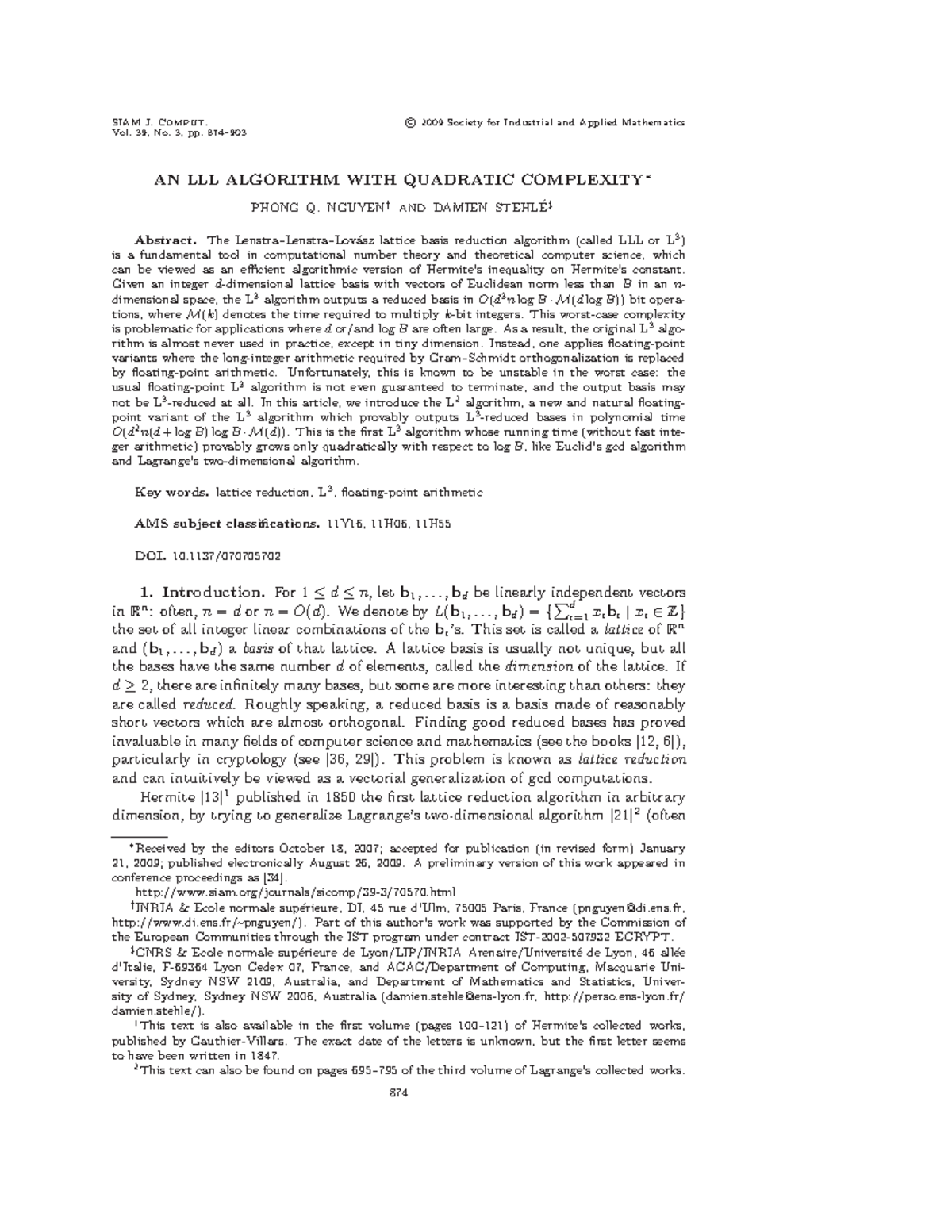 AN LLL ALGORITHM WITH QUADRATIC COMPLEXITY - SIAM J. COMPUT. ©c2009 ...