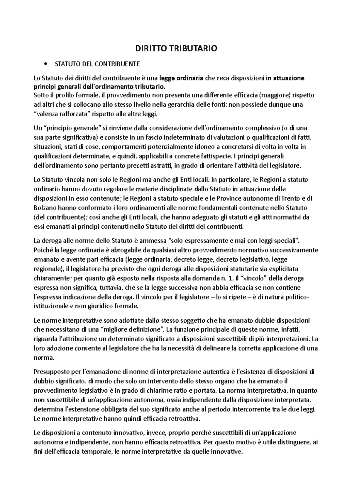 Riassunto Diritto Tributario, Statuto Del Contribuente - DIRITTO ...