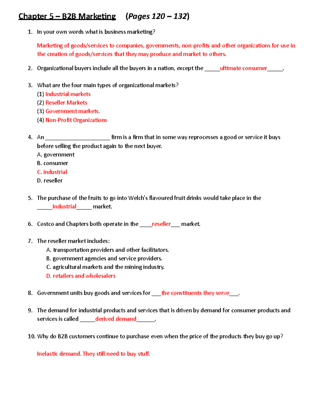 Ch 5 (B2B) Worksheet (With answers) - Chapter 5 – B2B Marketing ( Pages ...