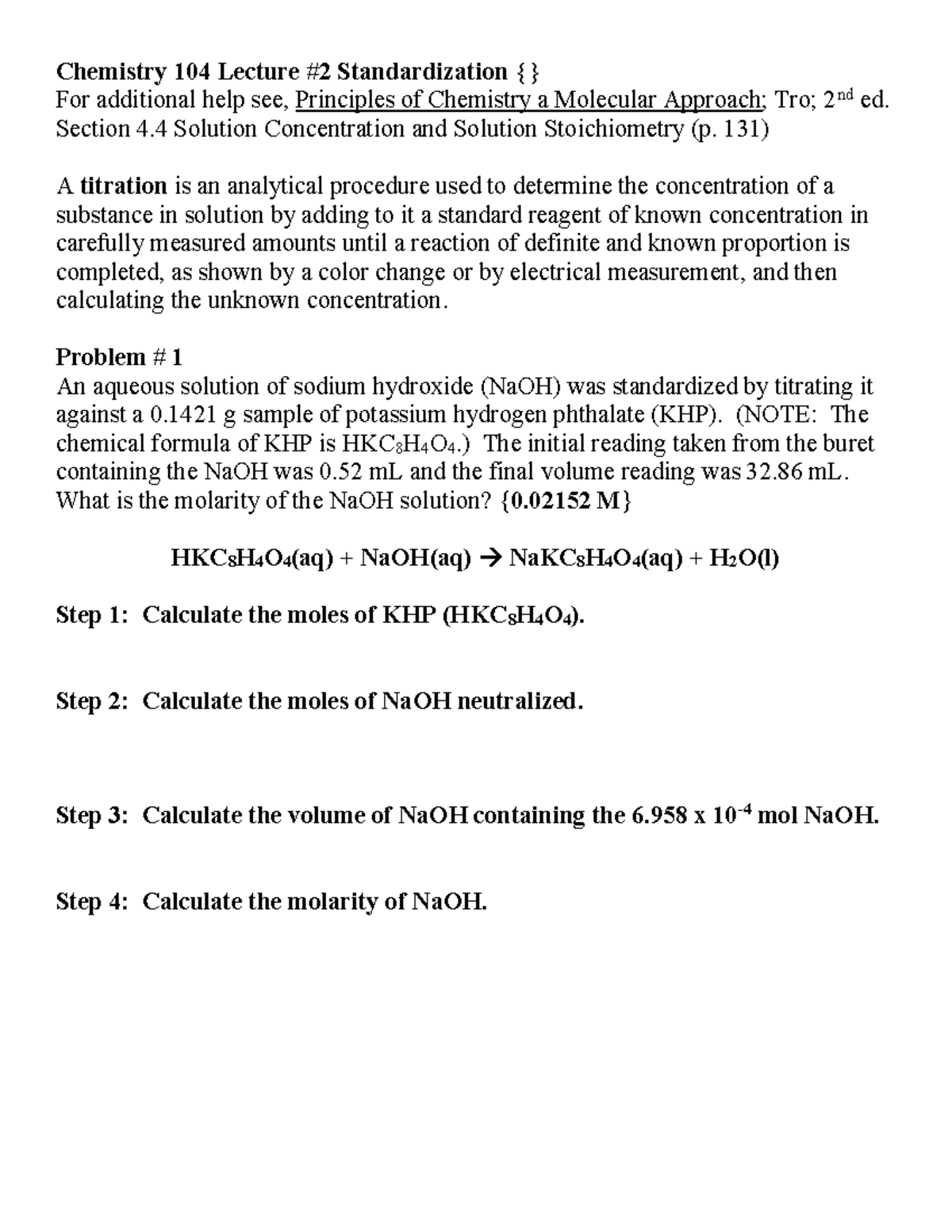 Lecture 2 Standardization - Chemistry 104 Lecture #2 Standardization ...