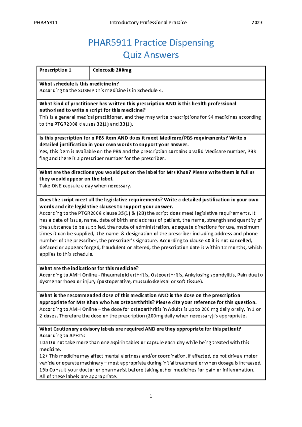 PHAR5911 Practice Dispensing Quiz Answers 2023 2 PHAR5911 Practice Dispensing Quiz Answers