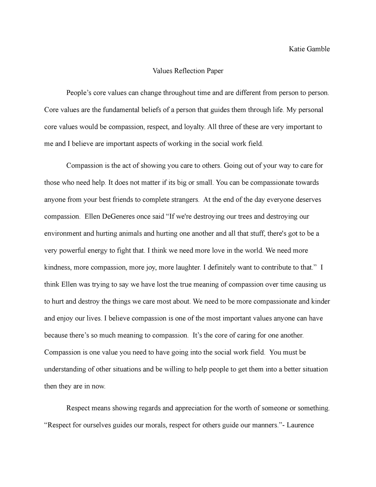 values education reflection paper