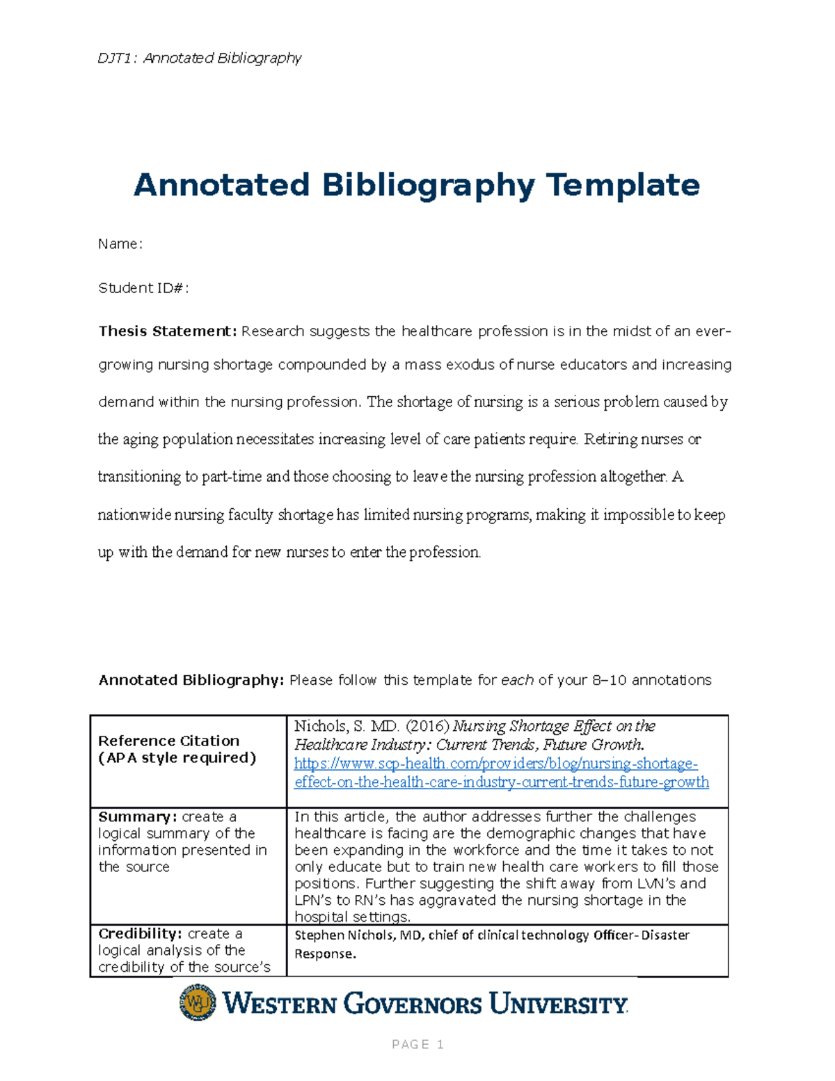 Annotated Bibliography Task 1 - Annotated Bibliography Template Name ...