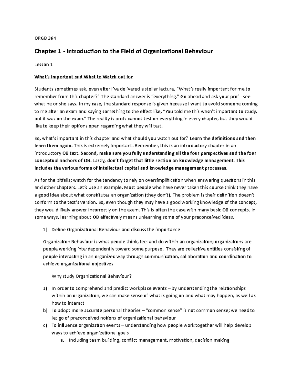 ORGB 364 Chapter 1-4 Notes - ORGB 364 Chapter 1 - Introduction to the ...