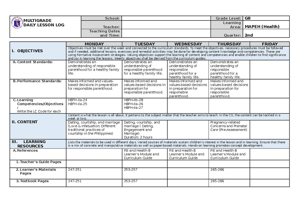 2G8 DLL Health-1 - lala - MULTIGRADE DAILY LESSON LOG School: Grade ...