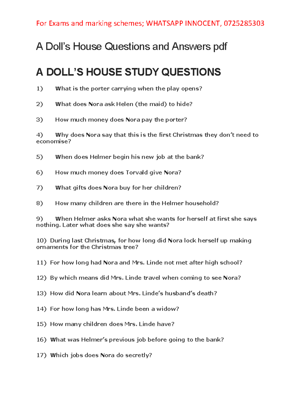 essay questions for a doll's house