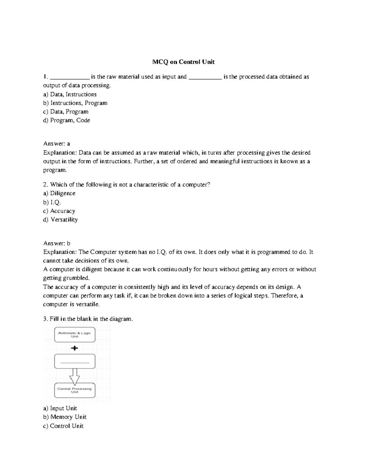 Module 2 COA CEC MCQ on Control Unit ____________ is the raw material