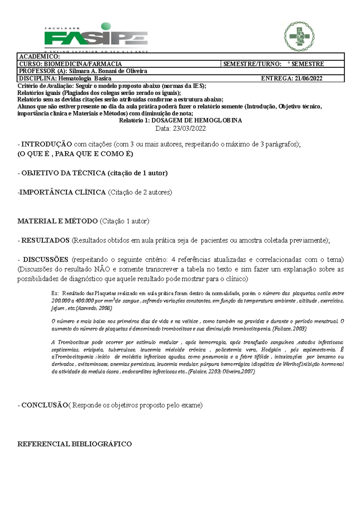 Modelo Relatório N3 2°a Farmácia AcadÊmico Curso BiomedicinafarmÁcia Semestreturno º 1907