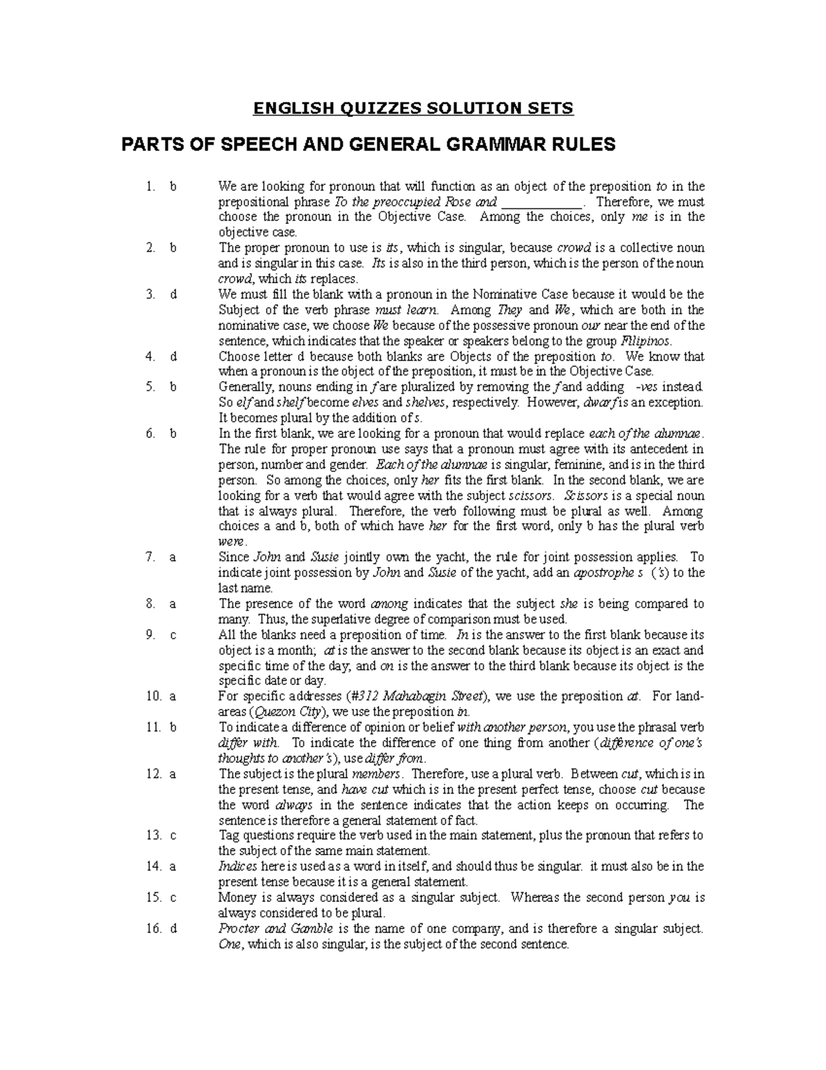 English Solset Answer - ENGLISH QUIZZES SOLUTION SETS PARTS OF SPEECH ...