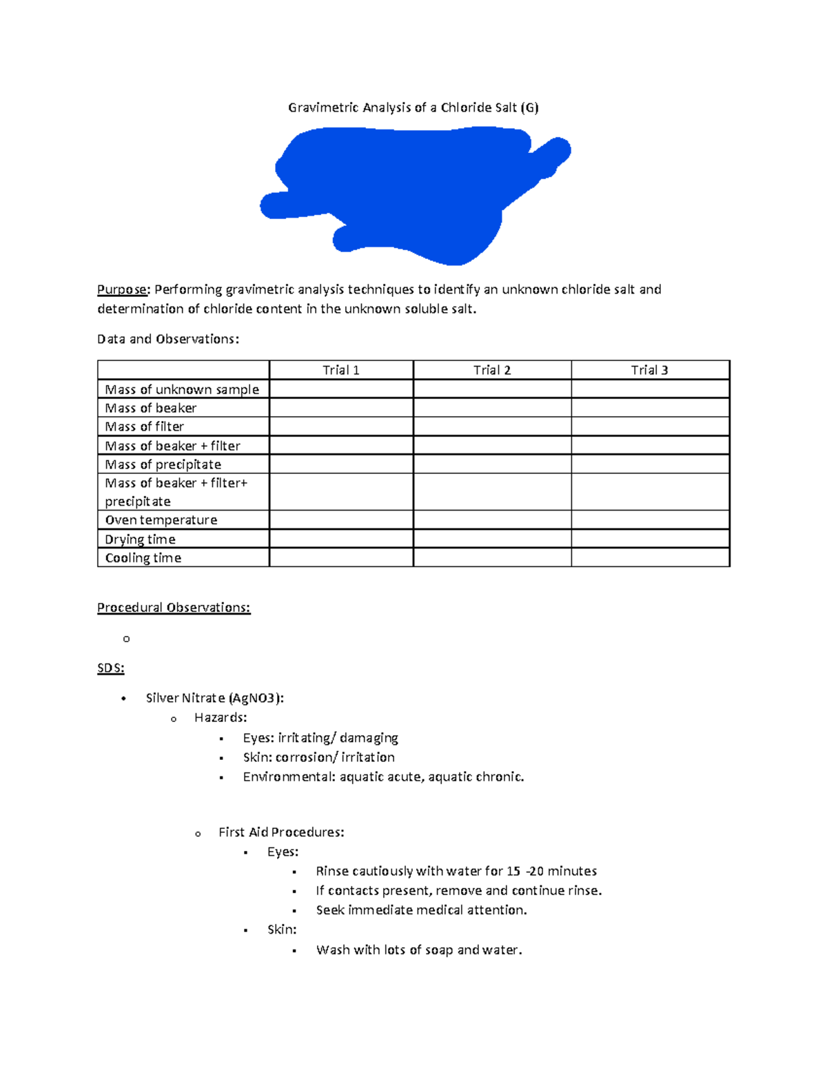 Lab 3 Gravimetric Analysis of a Chloride salt prelab - Gravimetric ...