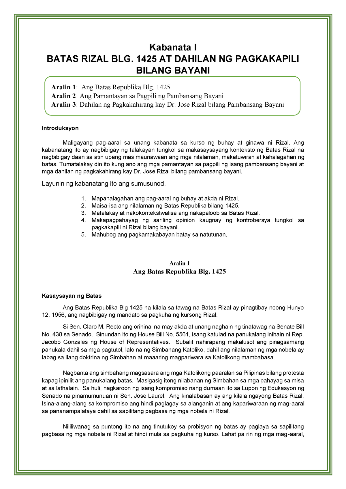 Rizal-Kabanata-I Republic Act - Kabanata I BATAS RIZAL BLG. 1425 AT ...