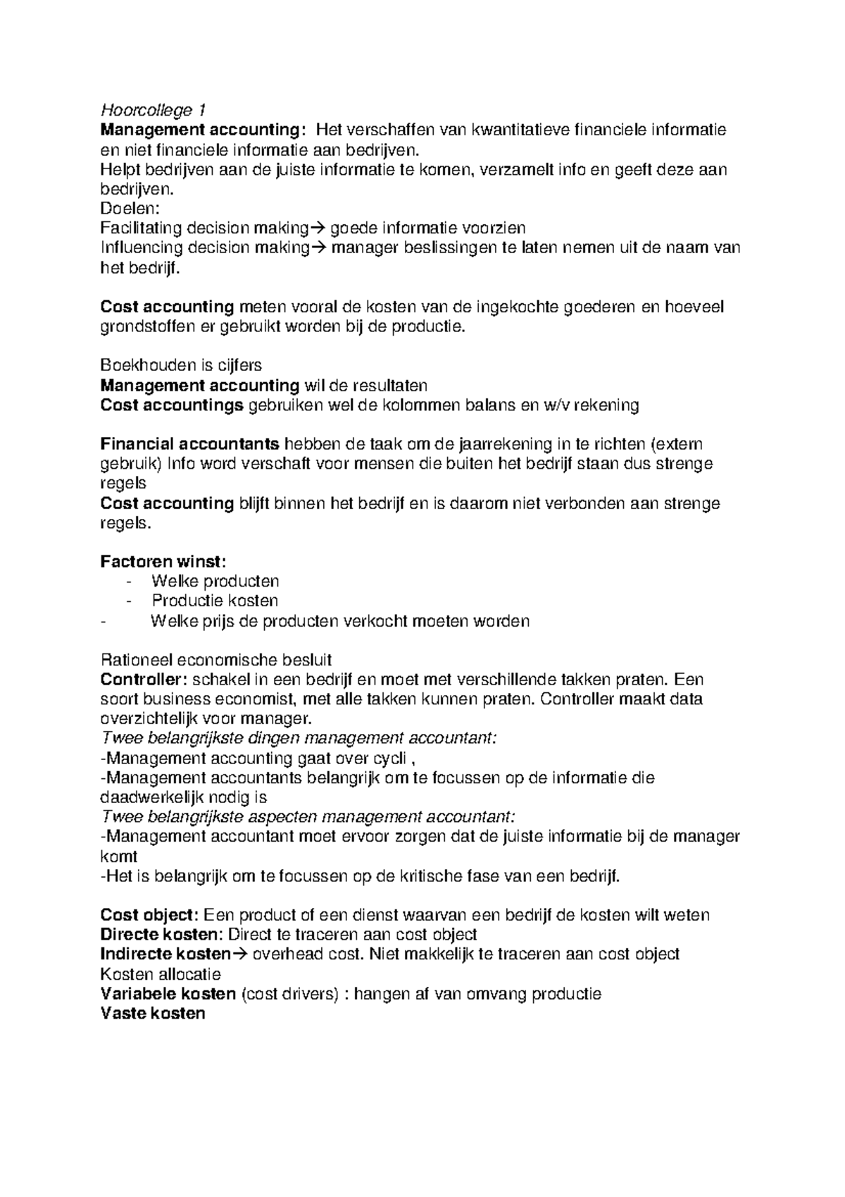 Samenvatting Boekhouden En Cost Accounting - Hoorcollege 1 Management ...