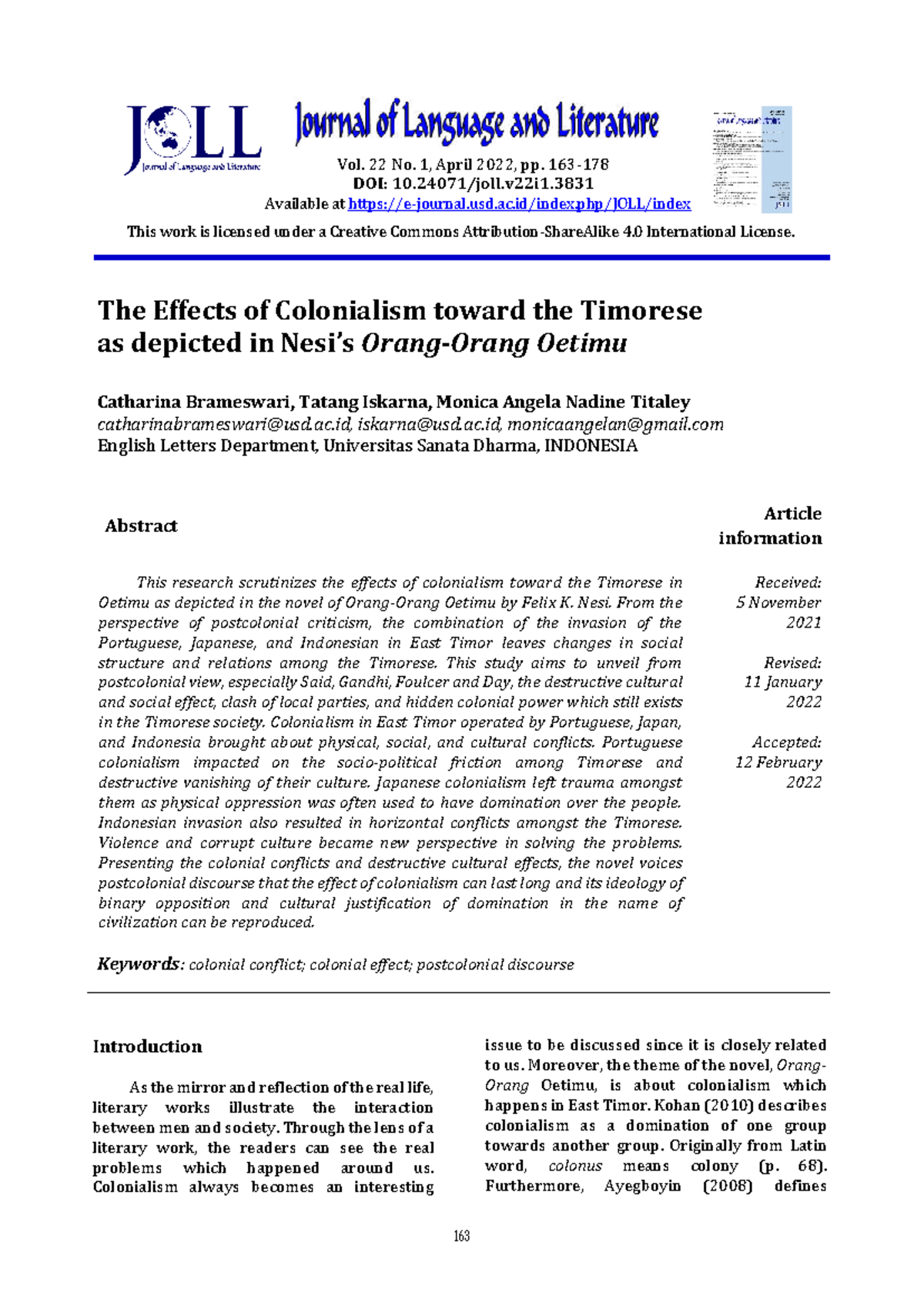 The Effects of Colonialism toward the Timorese as depicted - Vol. 22 No ...