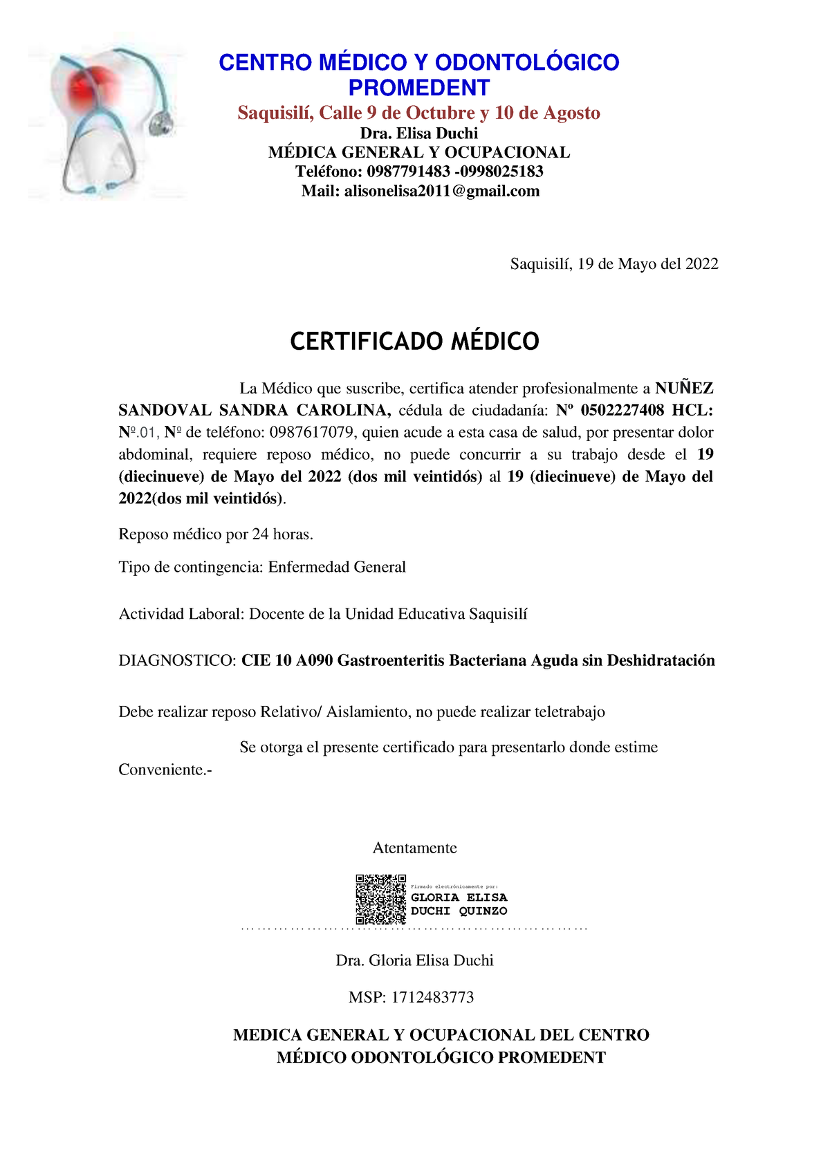 Certificado medico NS signed CENTRO MÉDICO Y ODONTOLÓGICO PROMEDENT Saquisilí Calle de