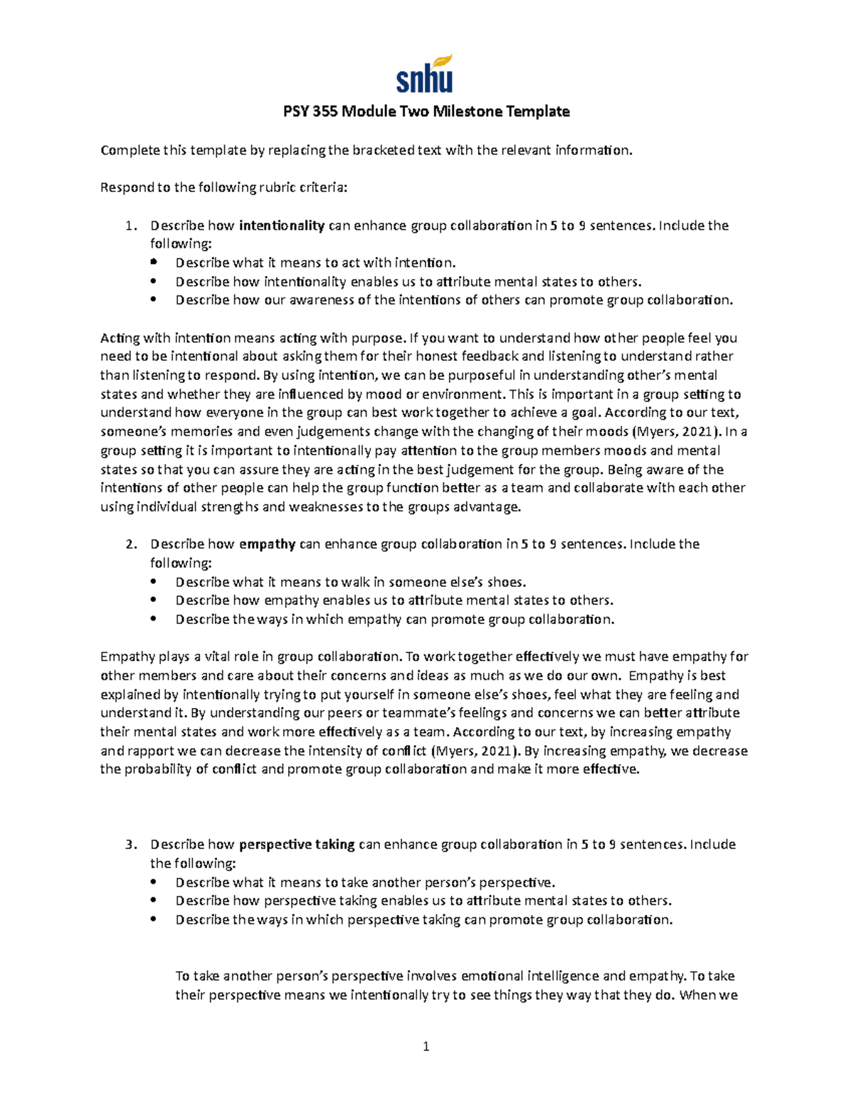 PSY 355 Module Two Milestone - Respond to the following rubric criteria ...