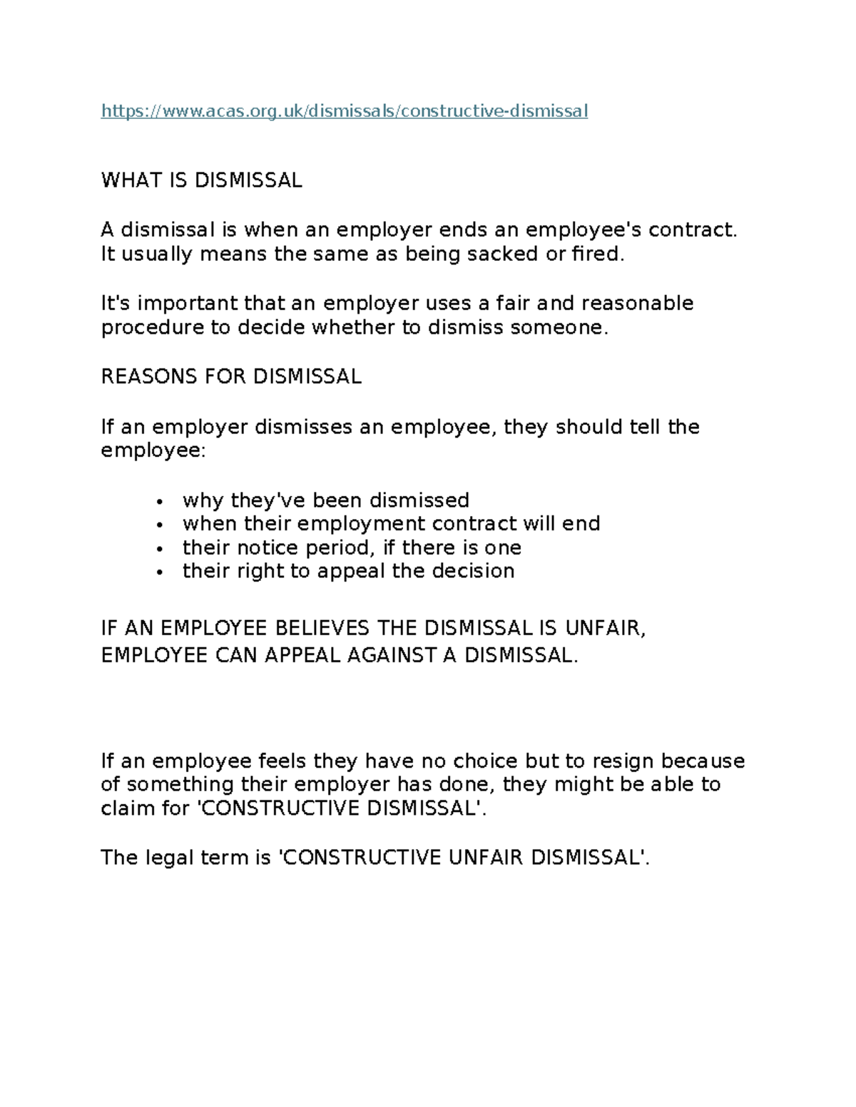 Law and Labour - Constructive Dismissal Overview and Notes - - Studocu