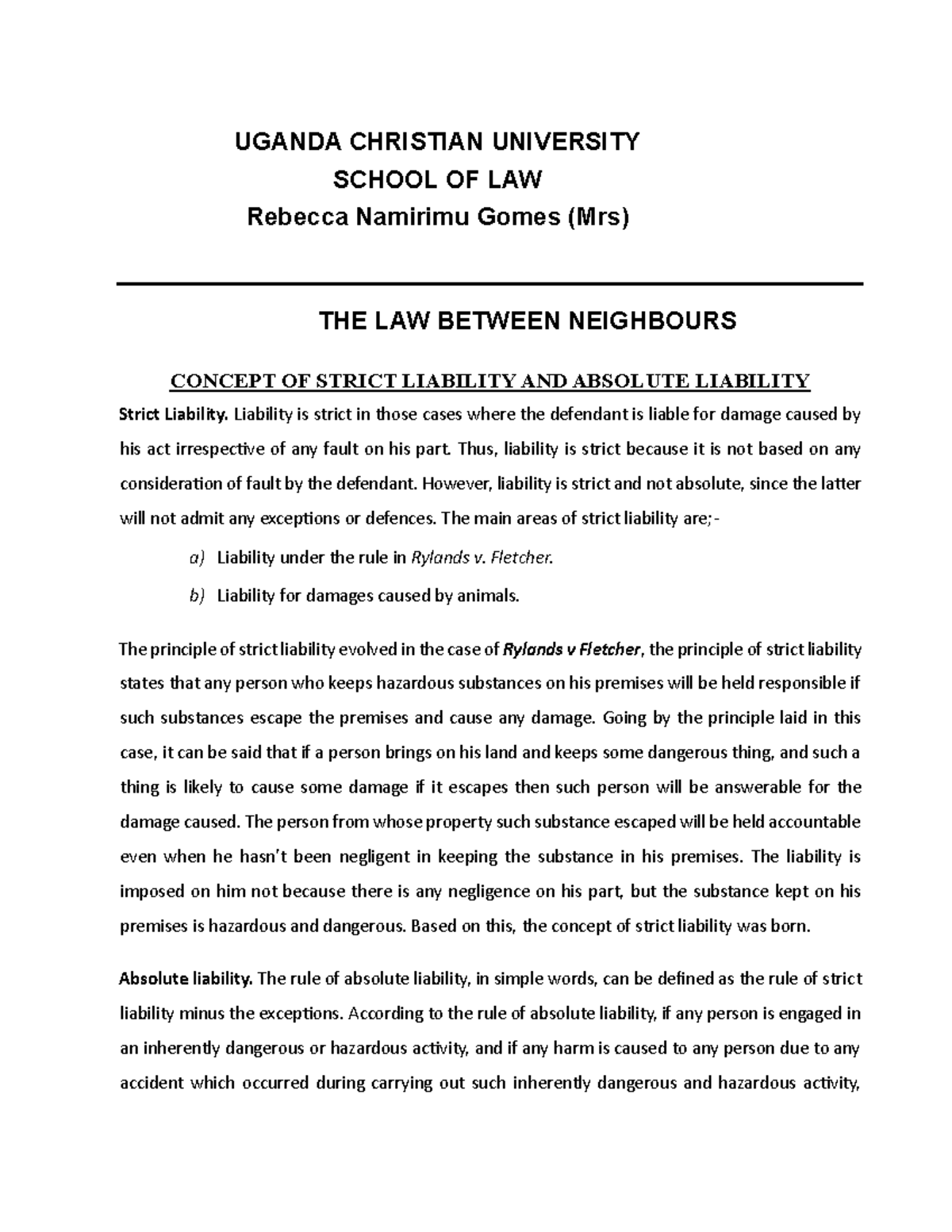 Strict Liability Notes - UGANDA CHRISTIAN UNIVERSITY SCHOOL OF LAW ...