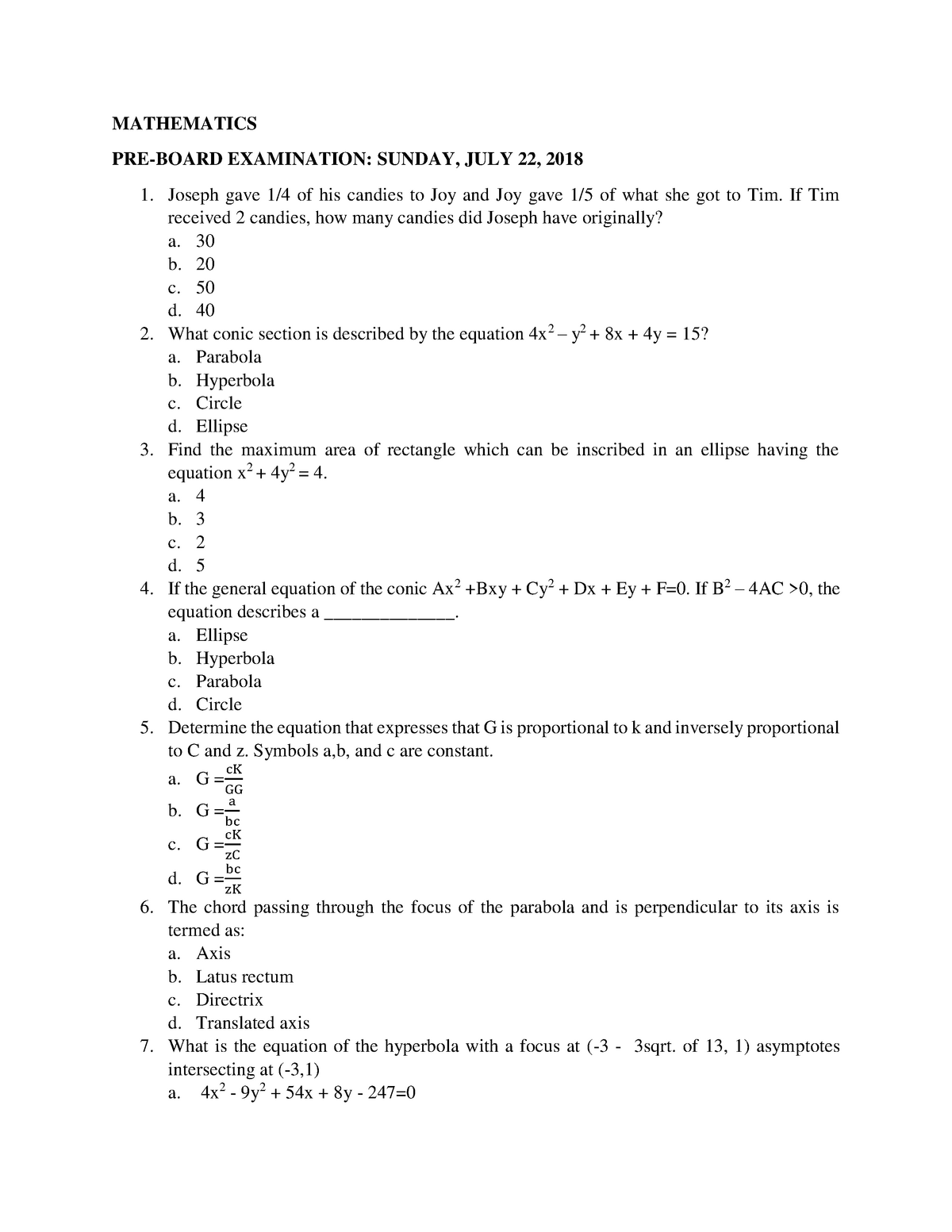 EXAM 2018, questions and answers - MATHEMATICS PRE-BOARD EXAMINATION ...