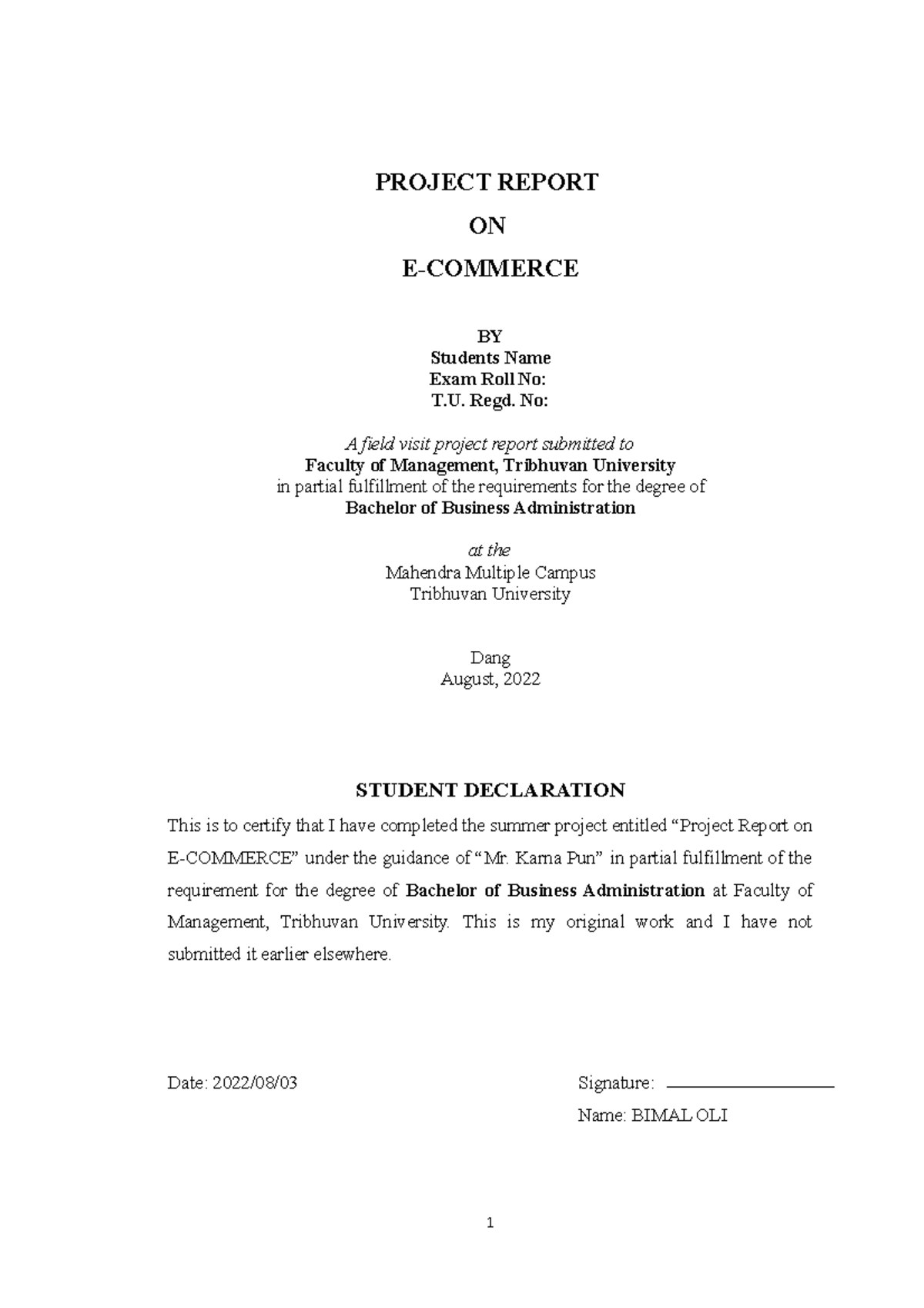 Report On E Commerce PROJECT REPORT ON E COMMERCE BY Students Name 