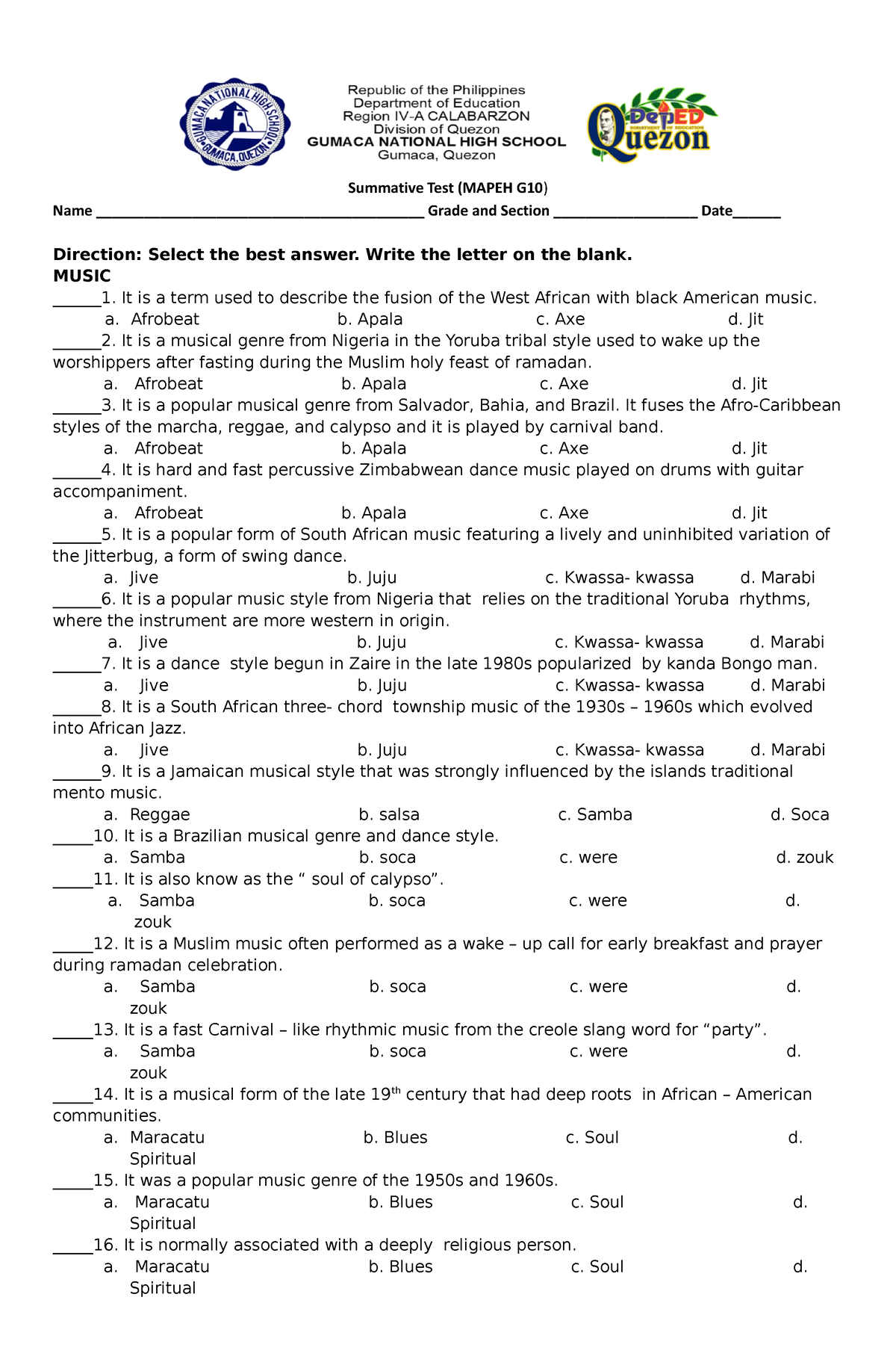 Summative Test 2nd Quarter - Summative Test (MAPEH G10) Name - Studocu