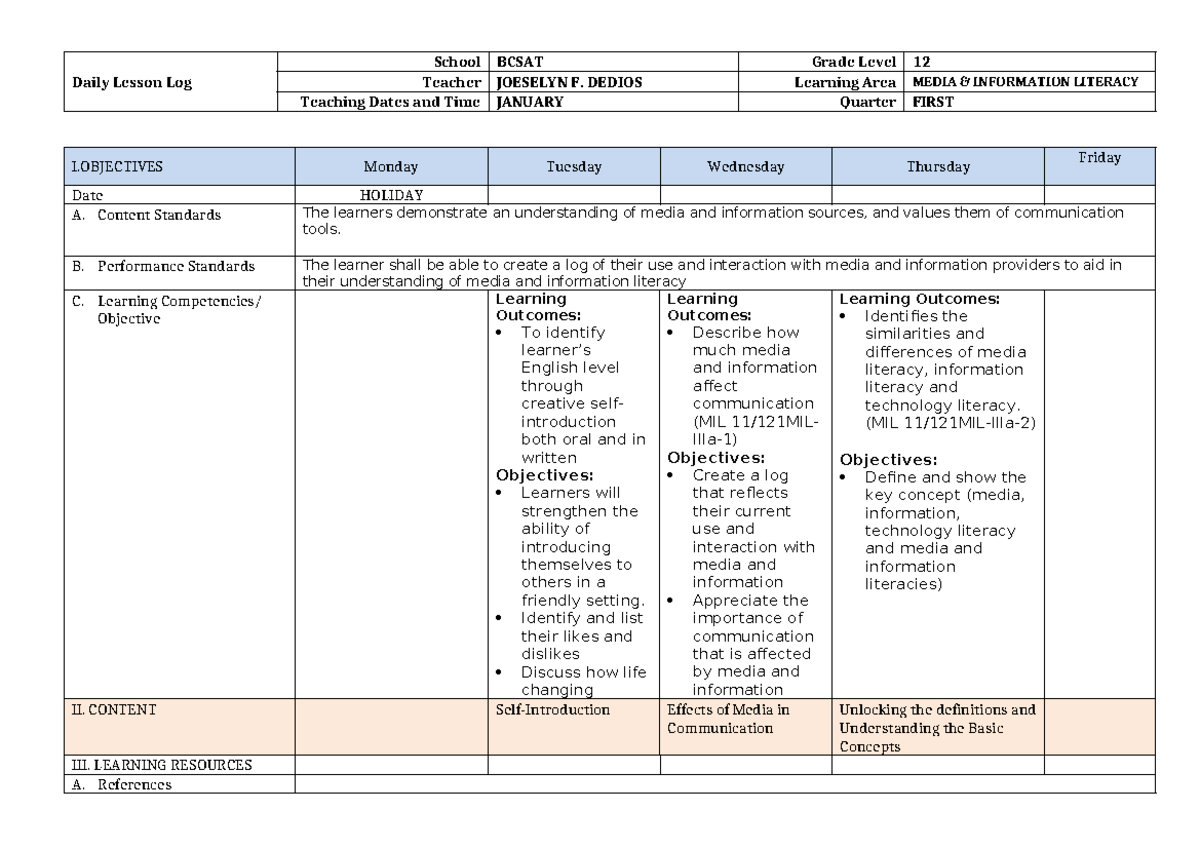 Q3 Week1 MIL - MIL - Daily Lesson Log School BCSAT Grade Level 12 ...